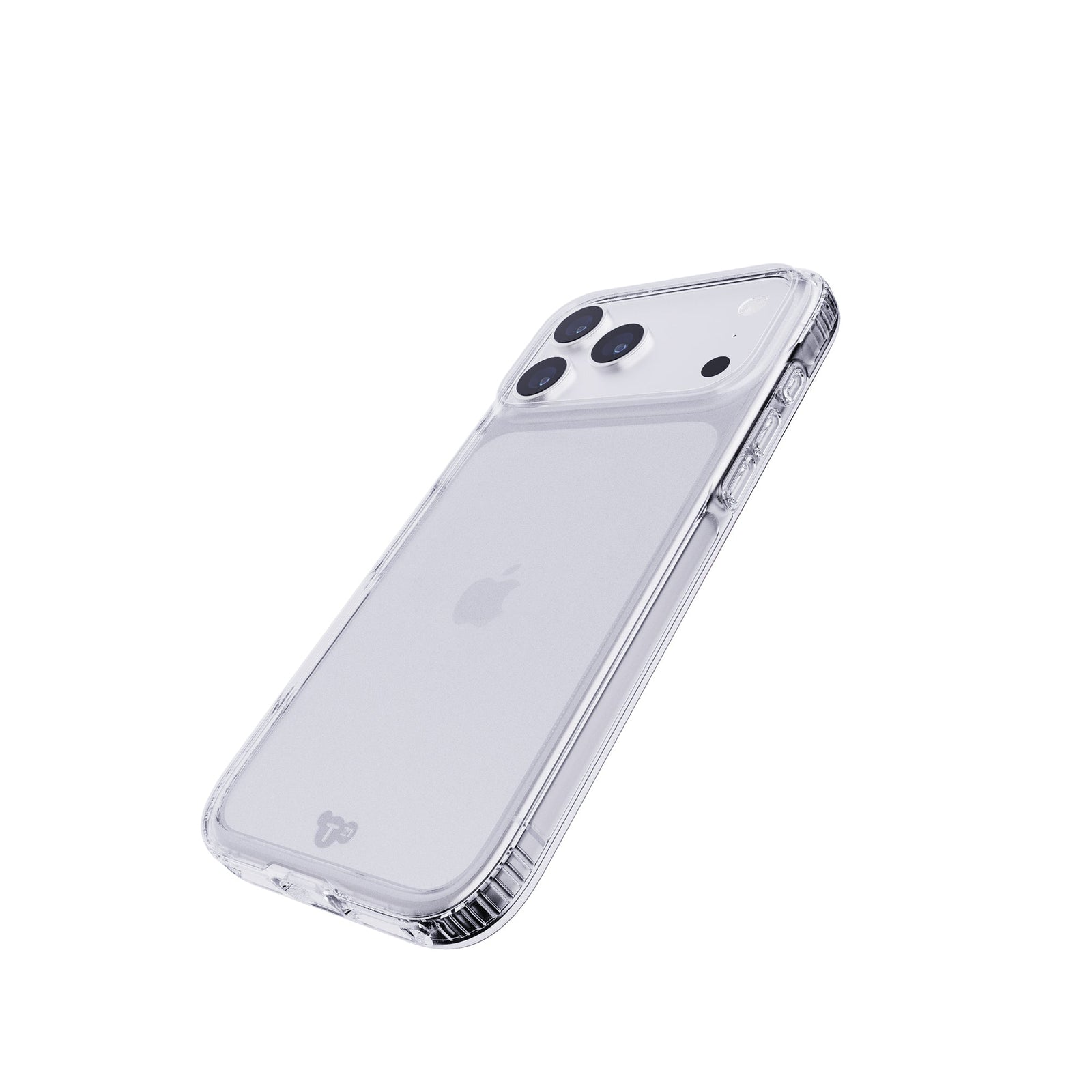 Tilted three-quarter tilted view of back of phone case with phone inside#color_clear