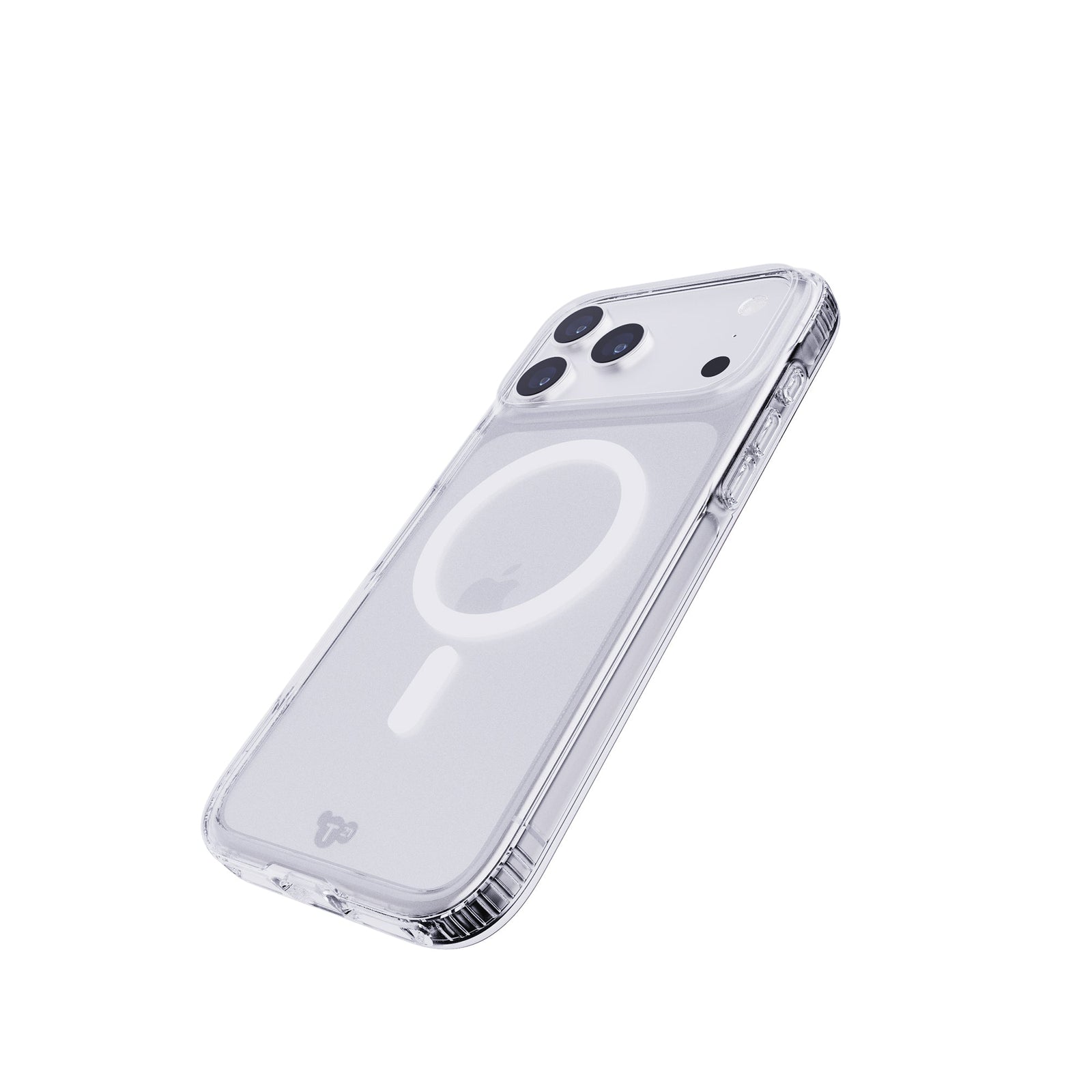 Tilted three-quarter tilted view of back of phone case with phone inside#color_clear