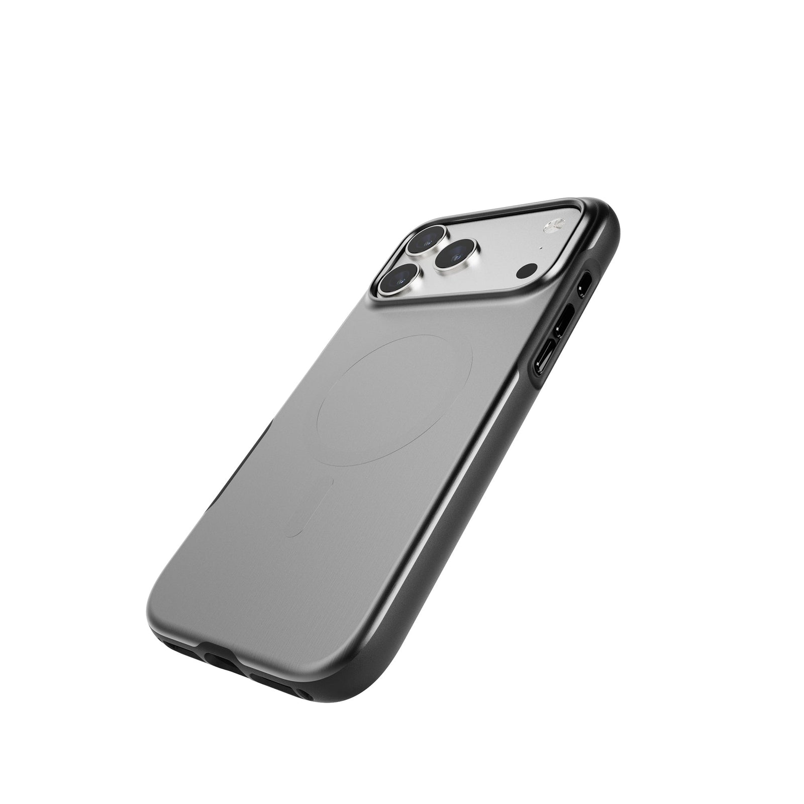 Tilted three-quarter tilted view of back of phone case with phone inside#color_black