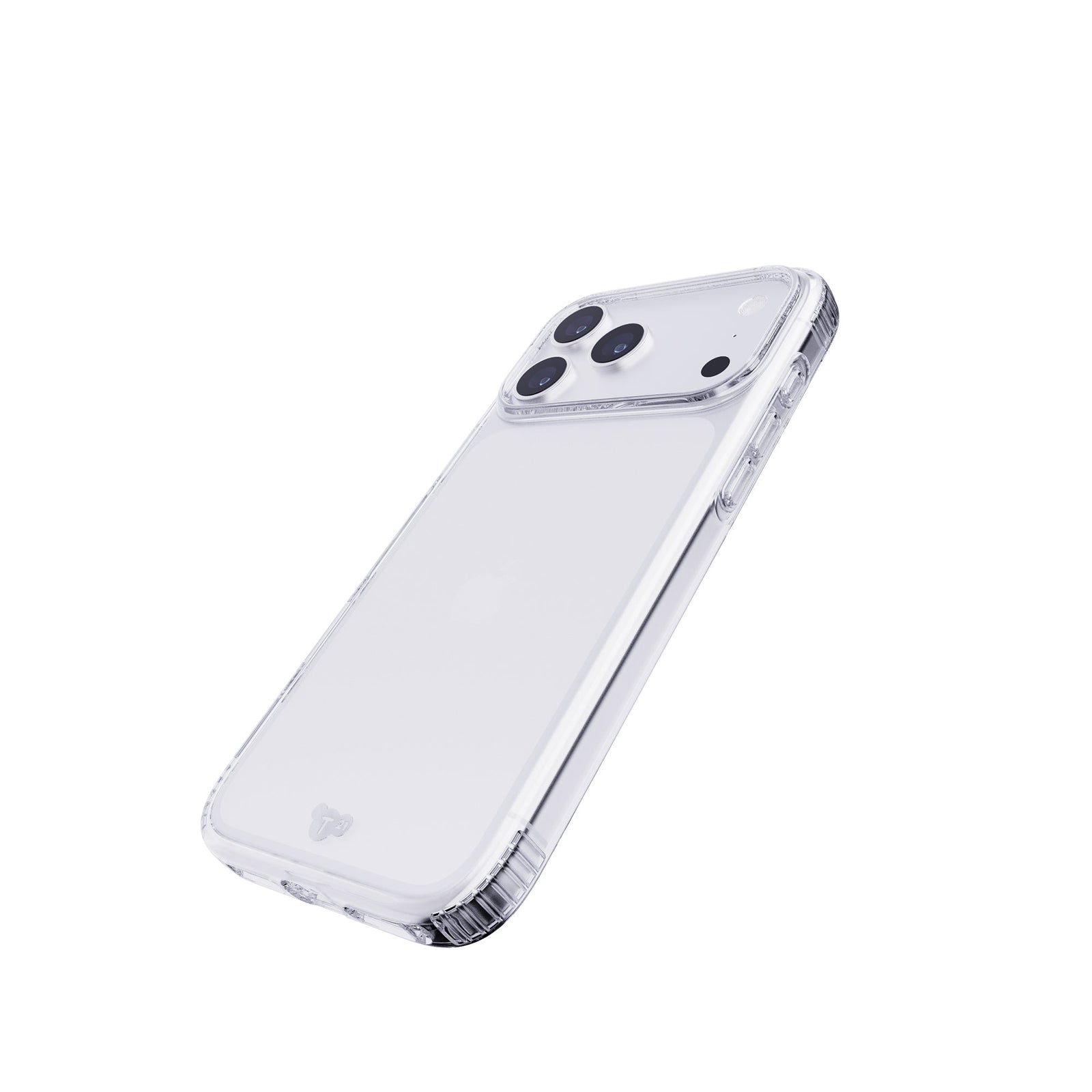 Tilted three-quarter tilted view of back of phone case with phone inside#color_clear