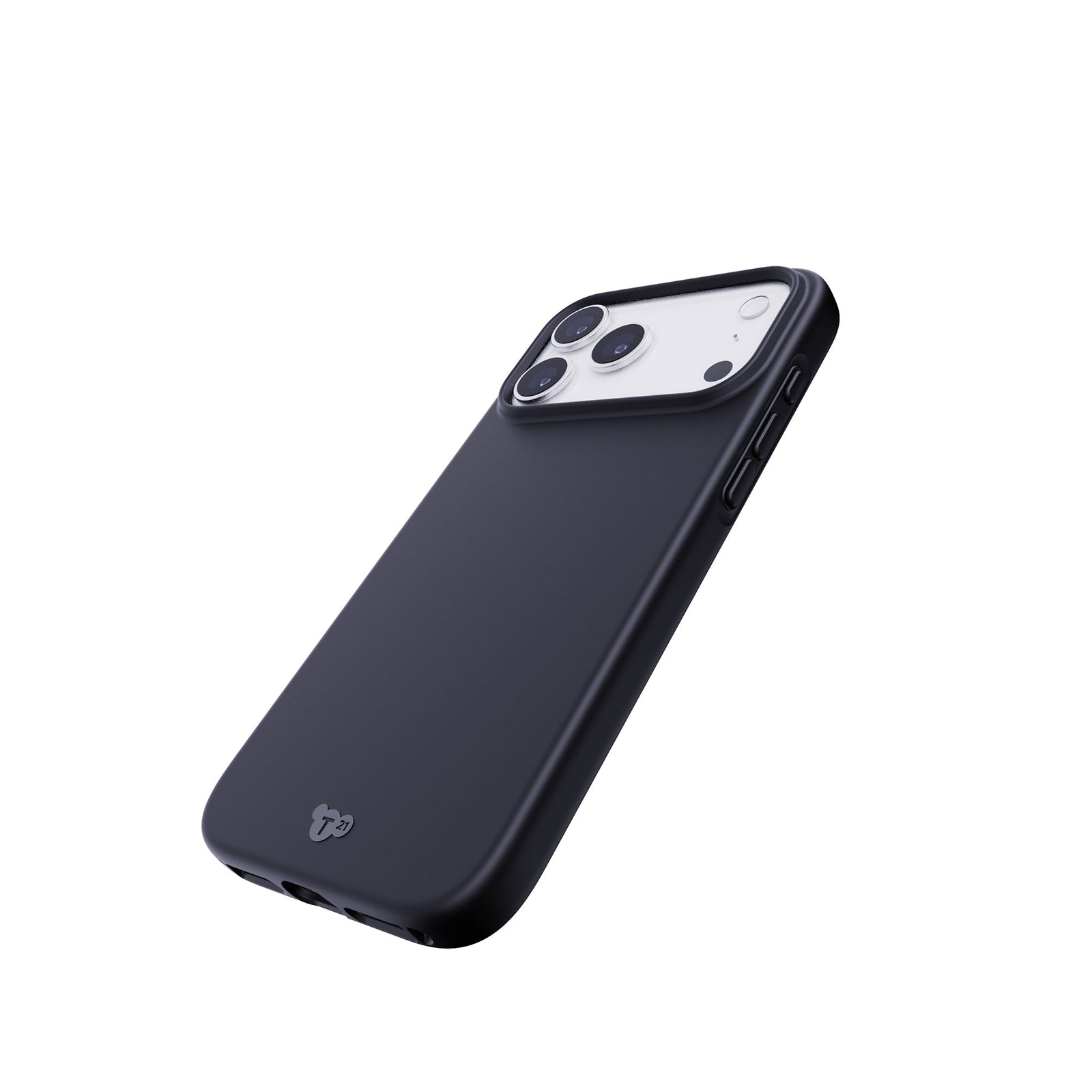 Tilted three-quarter tilted view of back of phone case with phone inside#color_black