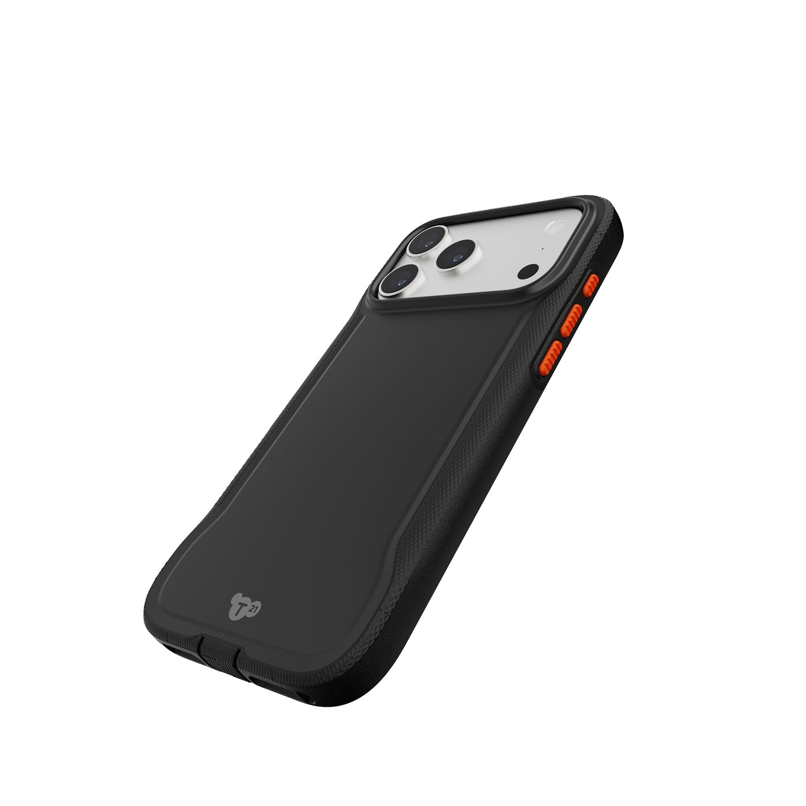 Tilted three-quarter tilted view of back of phone case with phone inside#color_black