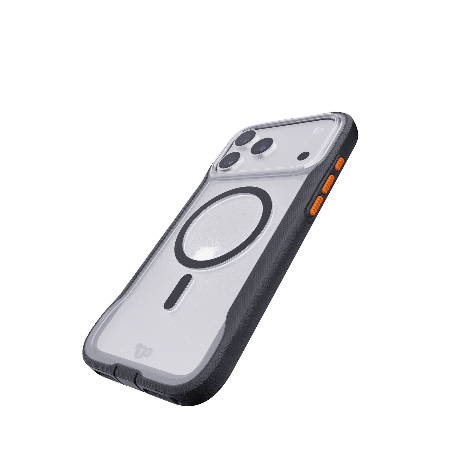Tilted three-quarter tilted view of back of phone case with phone inside#color_clear-black
