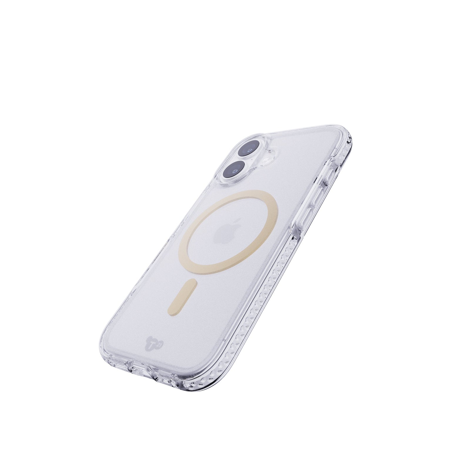 Tilted three-quarter tilted view of back of phone case with phone inside#color_metallic-gold