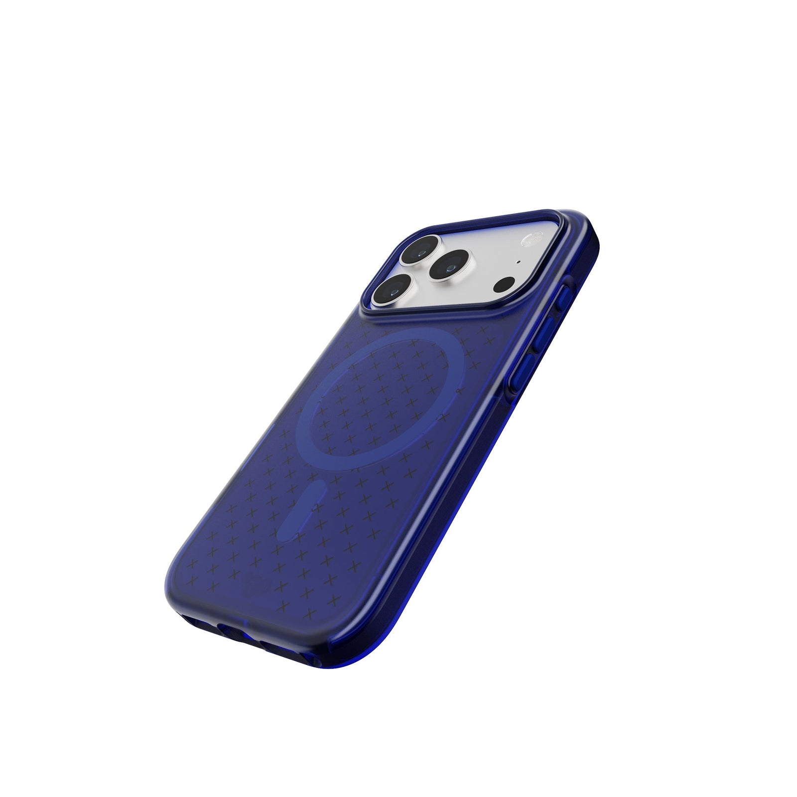 Tilted three-quarter tilted view of back of phone case with phone inside#color_electric-blue