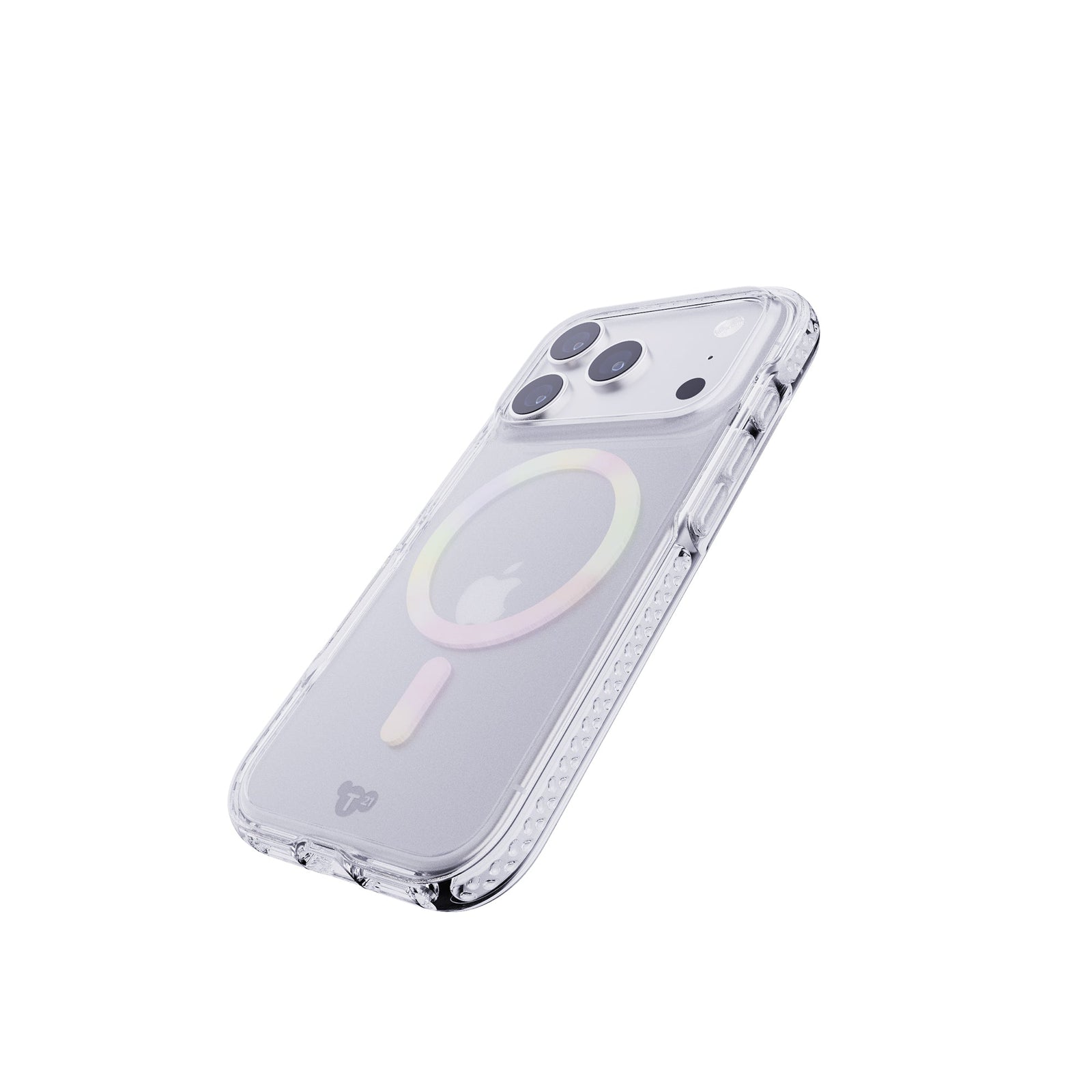 Tilted three-quarter tilted view of back of phone case with phone inside#color_iridescent