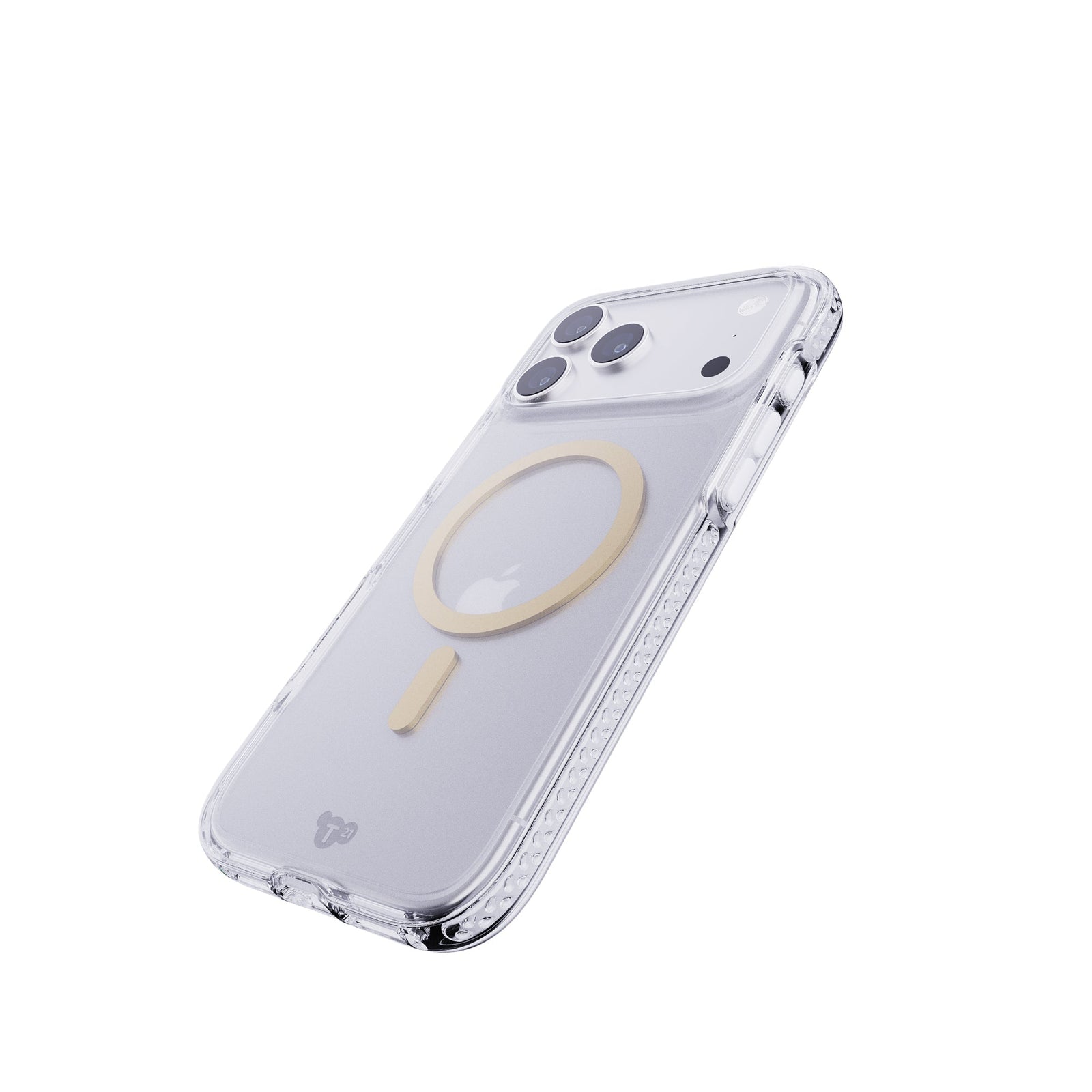 Tilted three-quarter tilted view of back of phone case with phone inside#color_metallic-gold
