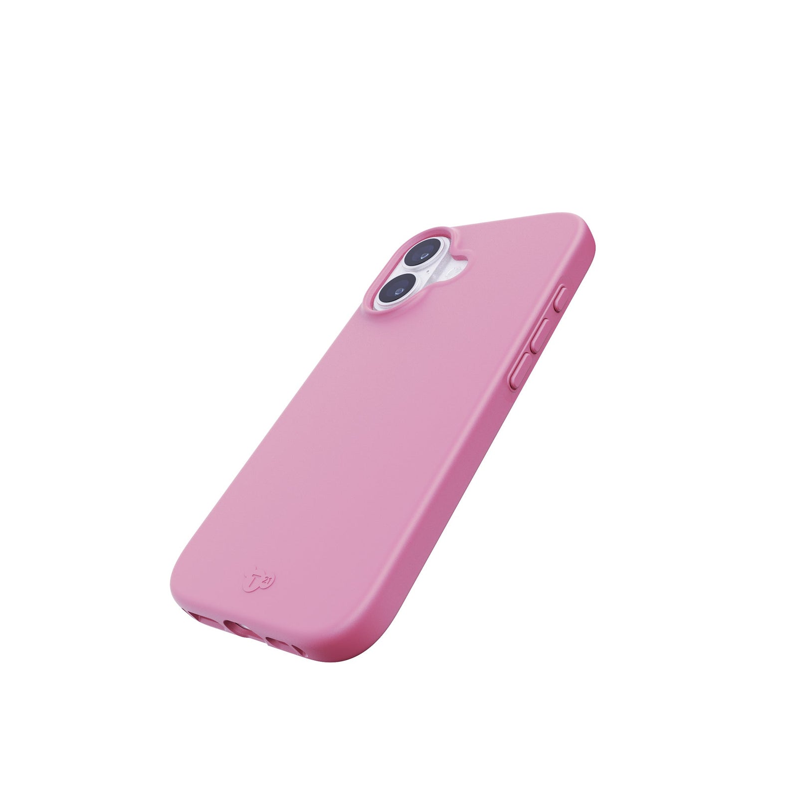 Tilted three-quarter tilted view of back of phone case with phone inside#color_thrift-pink