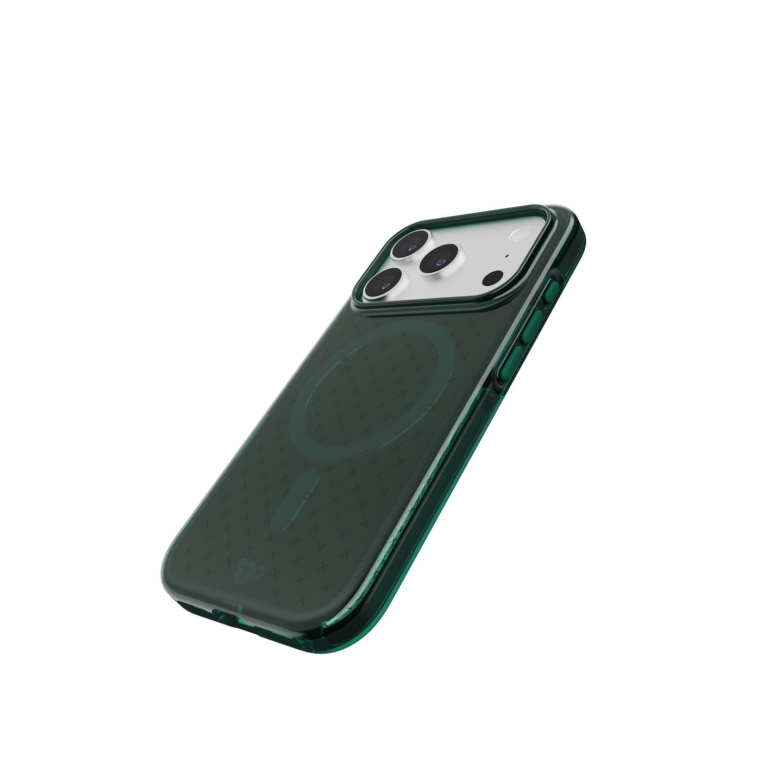 Tilted three-quarter tilted view of back of phone case with phone inside#color_quantum-green
