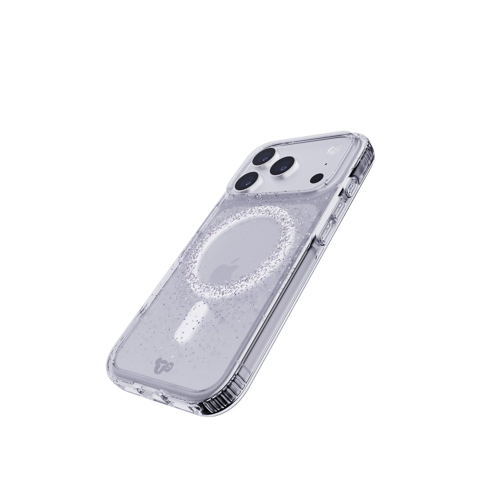 Tilted three-quarter tilted view of back of phone case with phone inside#color_focus