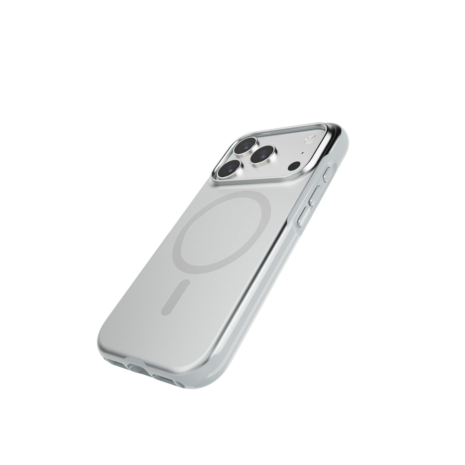 Tilted three-quarter tilted view of back of phone case with phone inside#color_titanium