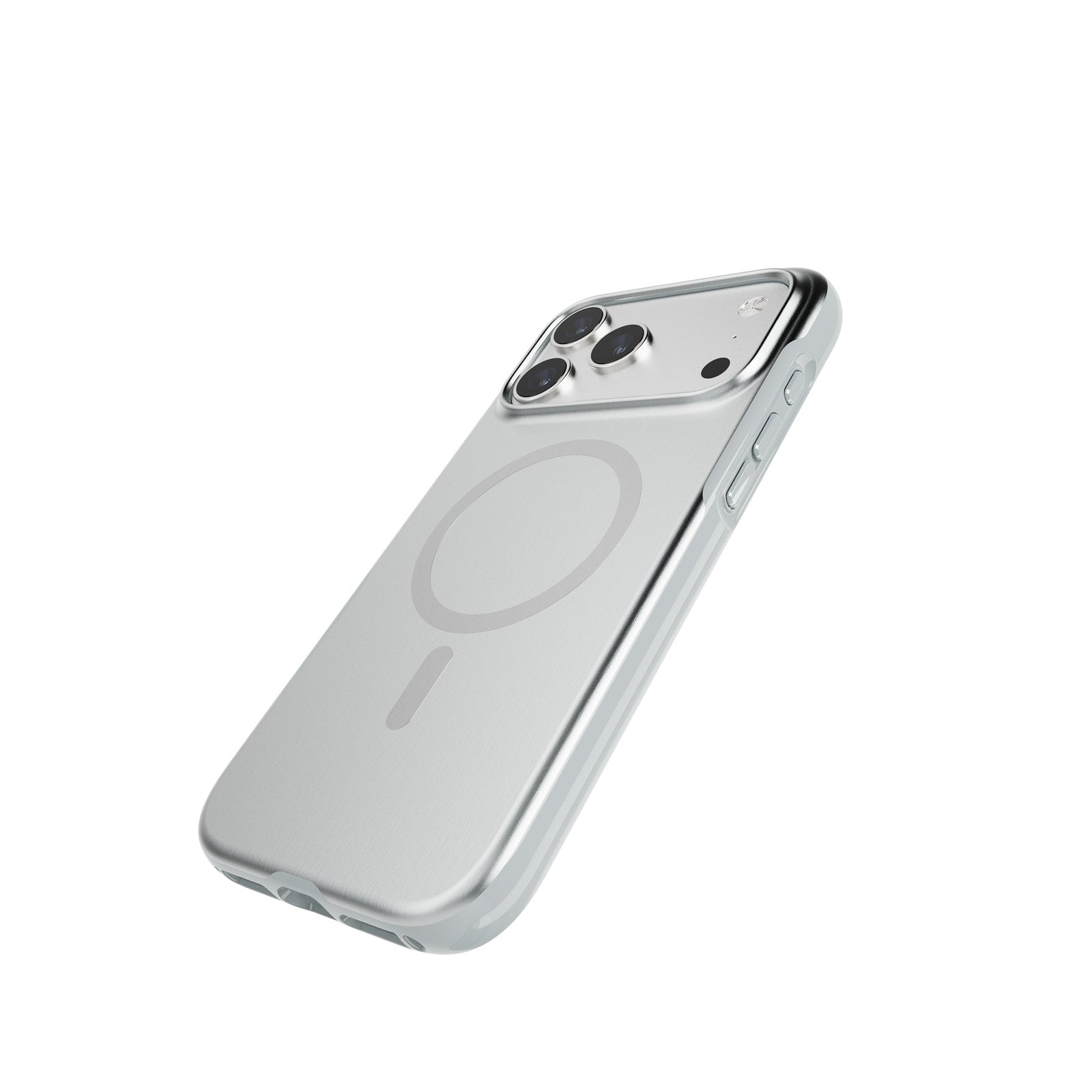 Tilted three-quarter tilted view of back of phone case with phone inside#color_titanium