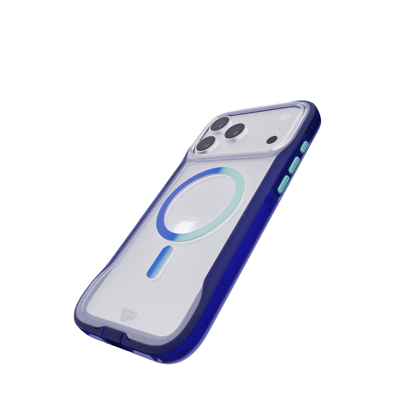 Tilted three-quarter tilted view of back of phone case with phone inside#color_electric-blue-jelly-mint