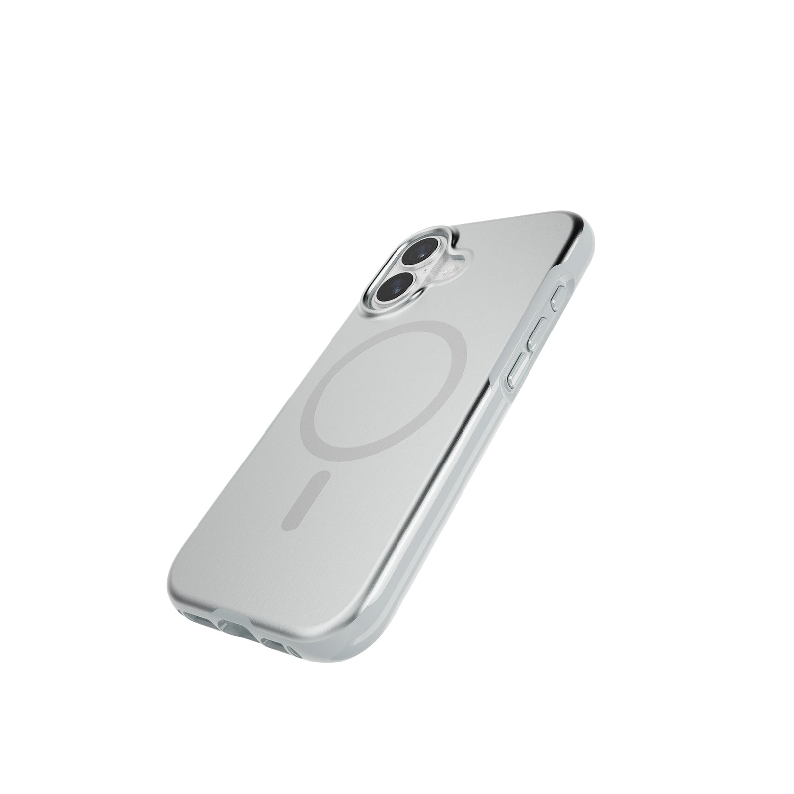 Tilted three-quarter tilted view of back of phone case with phone inside#color_titanium