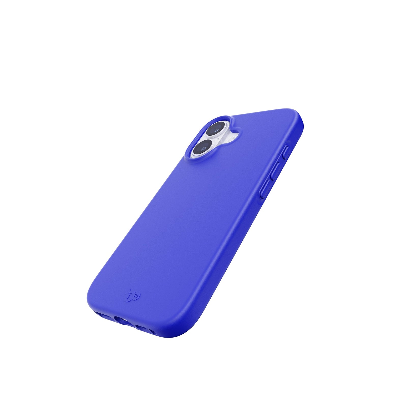 Tilted three-quarter tilted view of back of phone case with phone inside#color_electric-blue