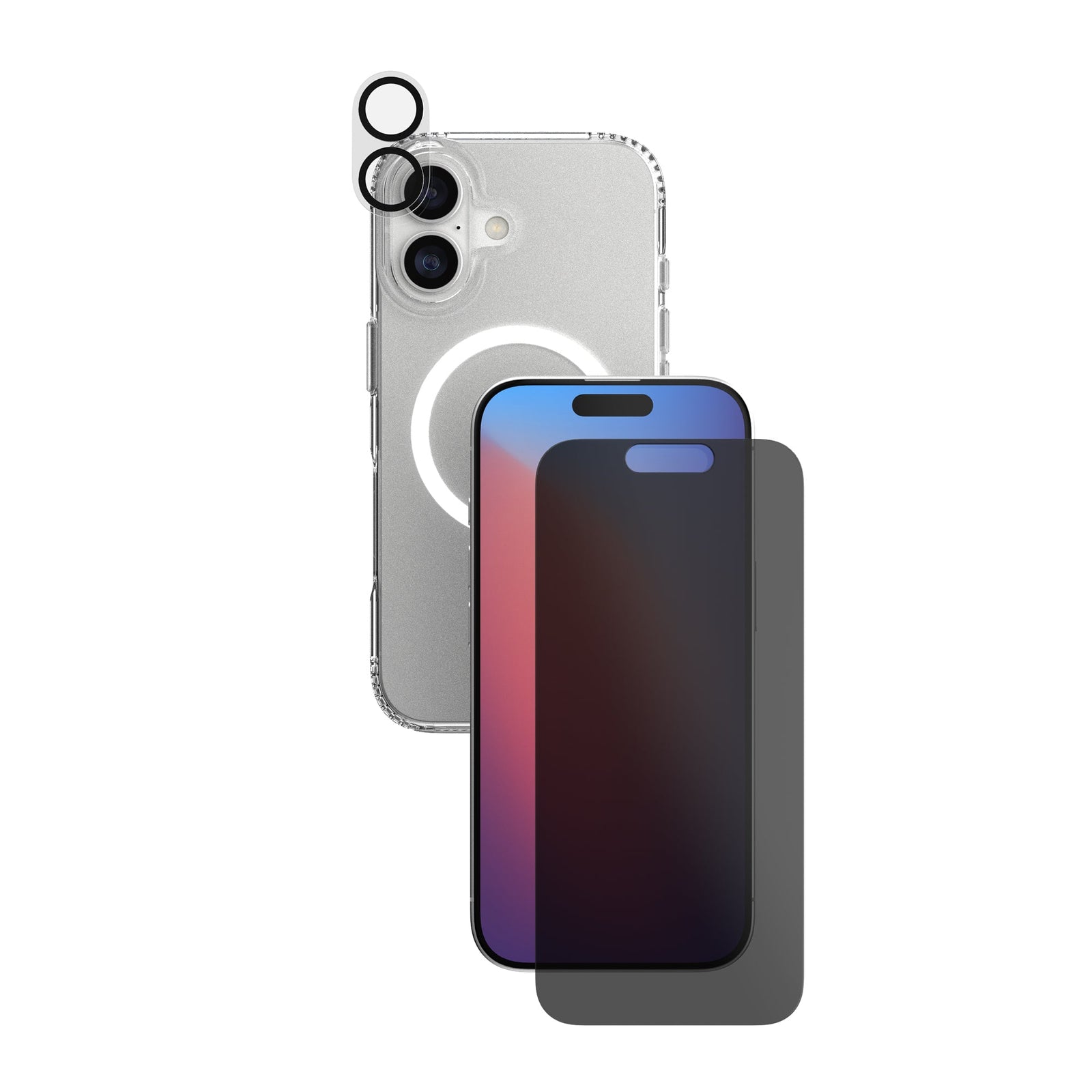 A phone protection bundle is shown from straight on showing the back of a phone in a clear case—a camera lens protector hovering over the phone's camera—and a screen protector hovering over a separate phone with its screen facing forward#color_clear-privacy