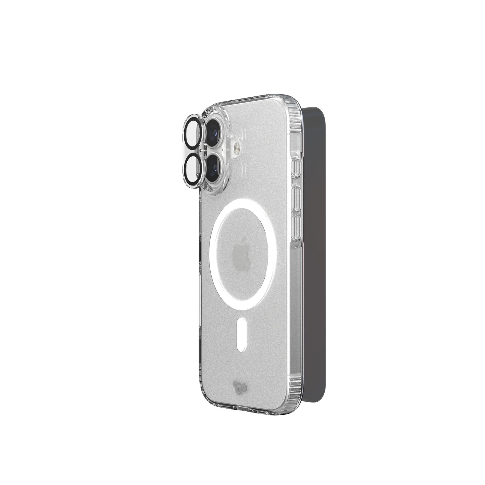 A phone protection bundle is shown from an angle with a camera lens protector hovering over the camera of a phone in a clear case; a screen protector hovers over the screen side of the phone#color_clear-privacy