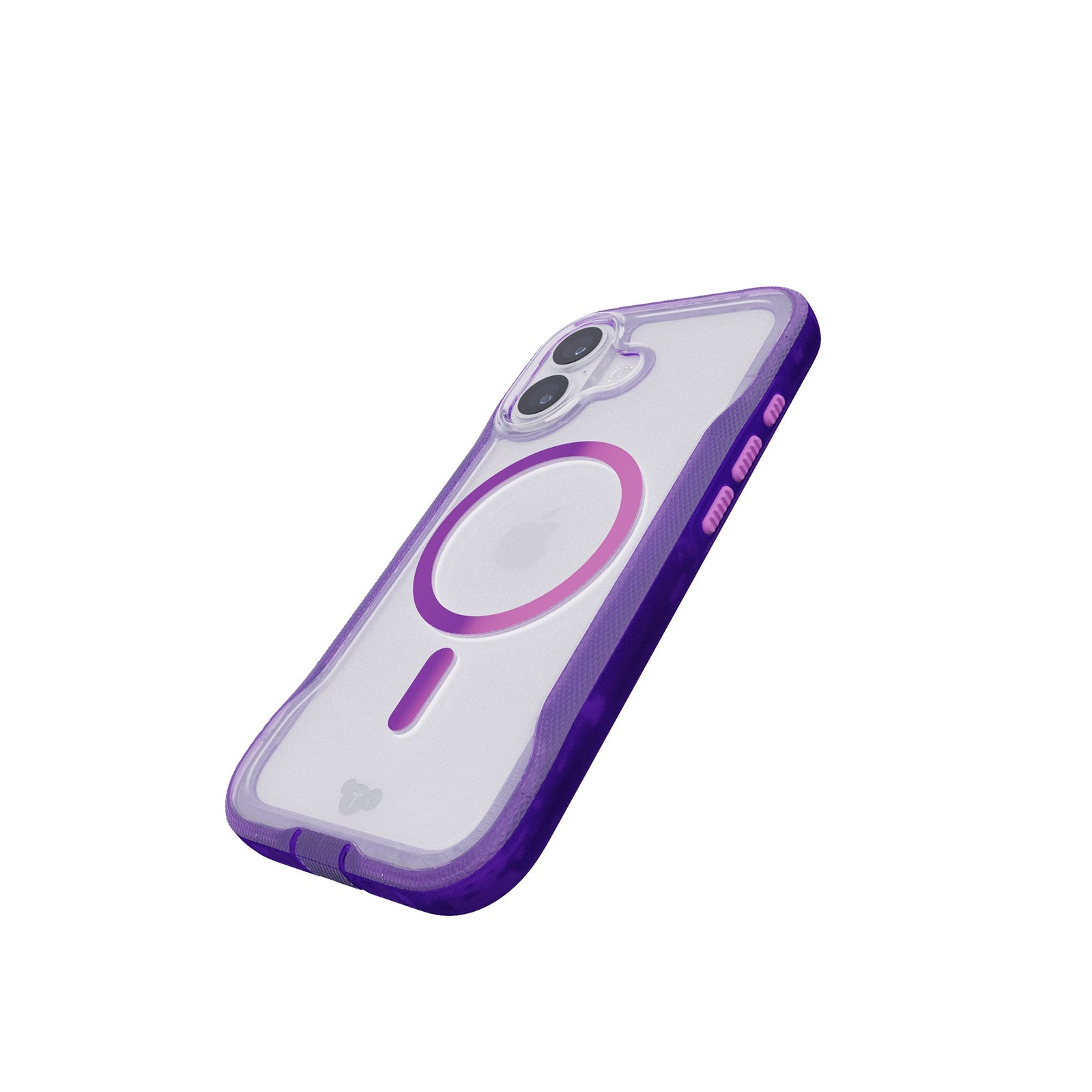 Tilted three-quarter tilted view of back of phone case with phone inside#color_kindred-purple-cyber-pink