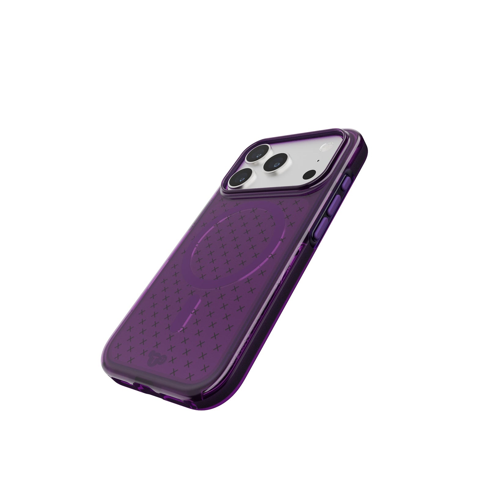 Tilted three-quarter tilted view of back of phone case with phone inside#color_kindred-purple
