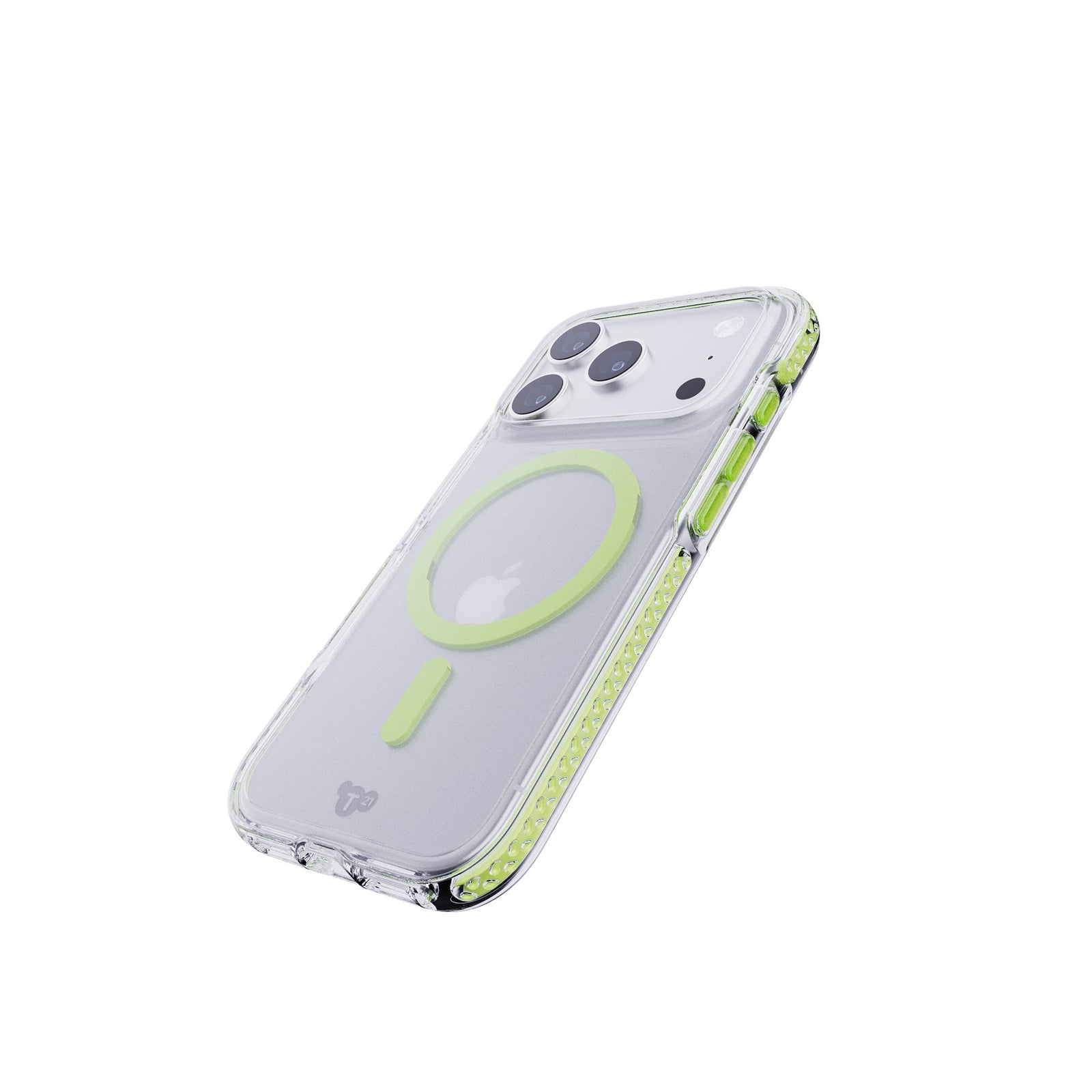 Tilted three-quarter tilted view of back of phone case with phone inside#color_green-glow-in-the-dark