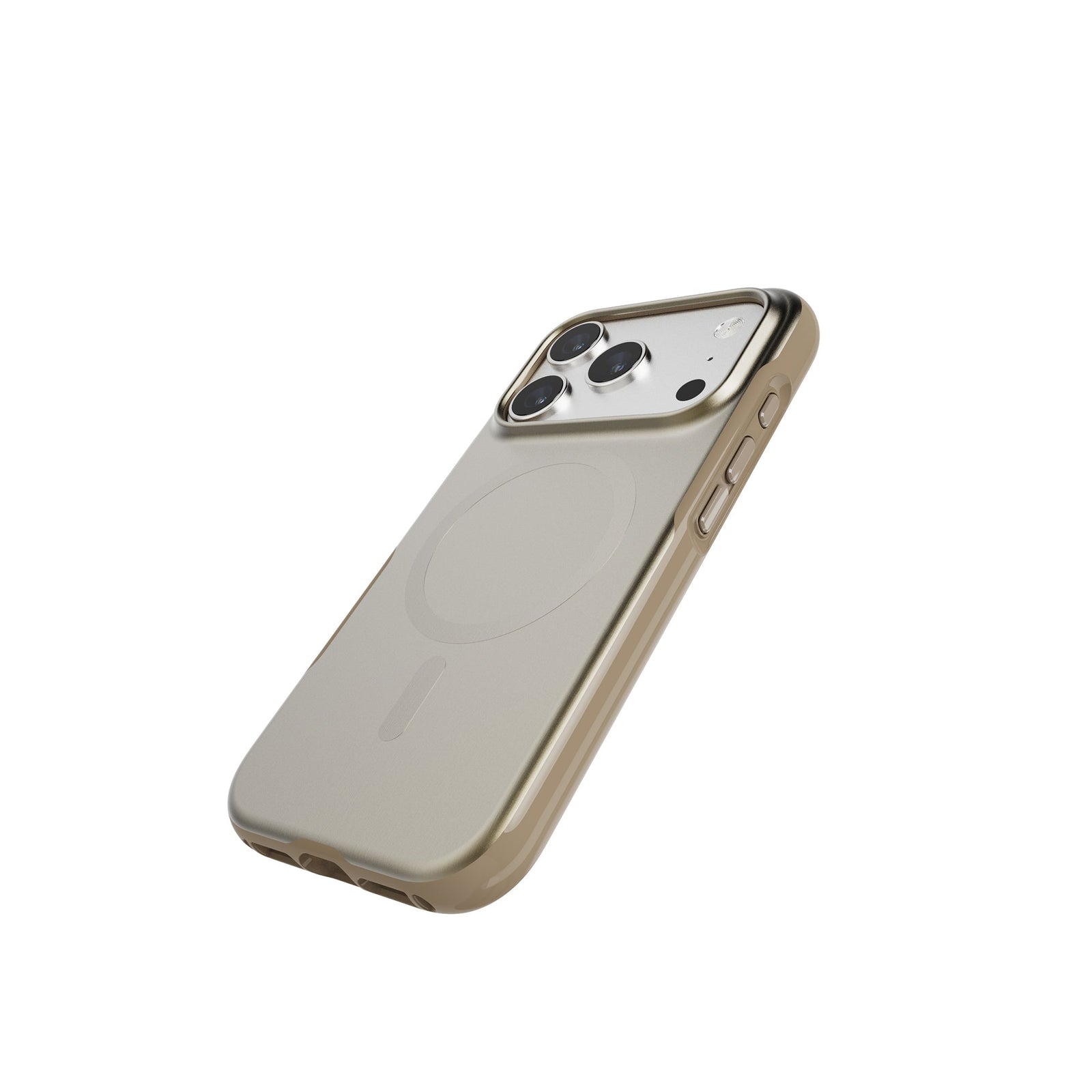 Tilted three-quarter tilted view of back of phone case with phone inside#color_copper