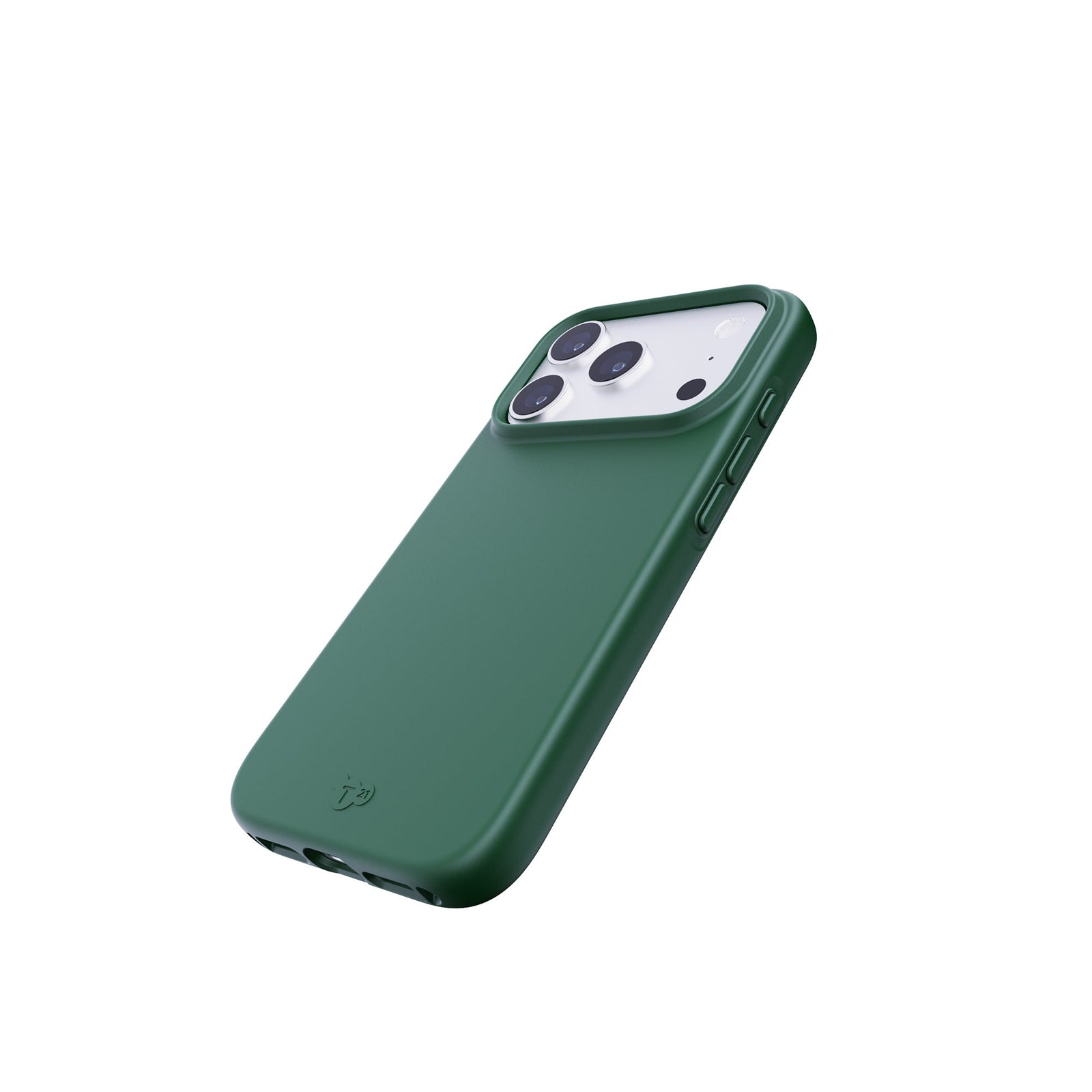 Tilted three-quarter tilted view of back of phone case with phone inside#color_quantum-green