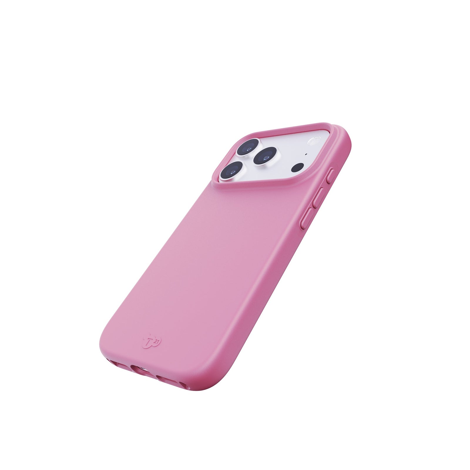 Tilted three-quarter tilted view of back of phone case with phone inside#color_thrift-pink