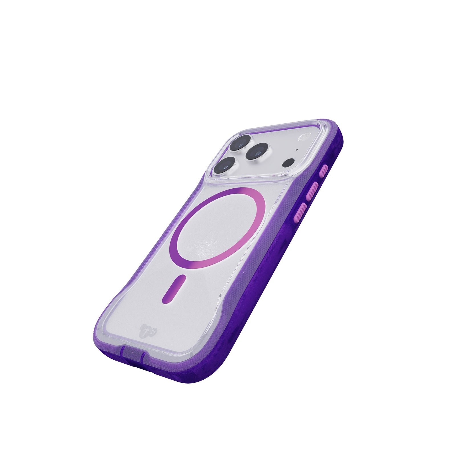 Tilted three-quarter tilted view of back of phone case with phone inside#color_kindred-purple-cyber-pink