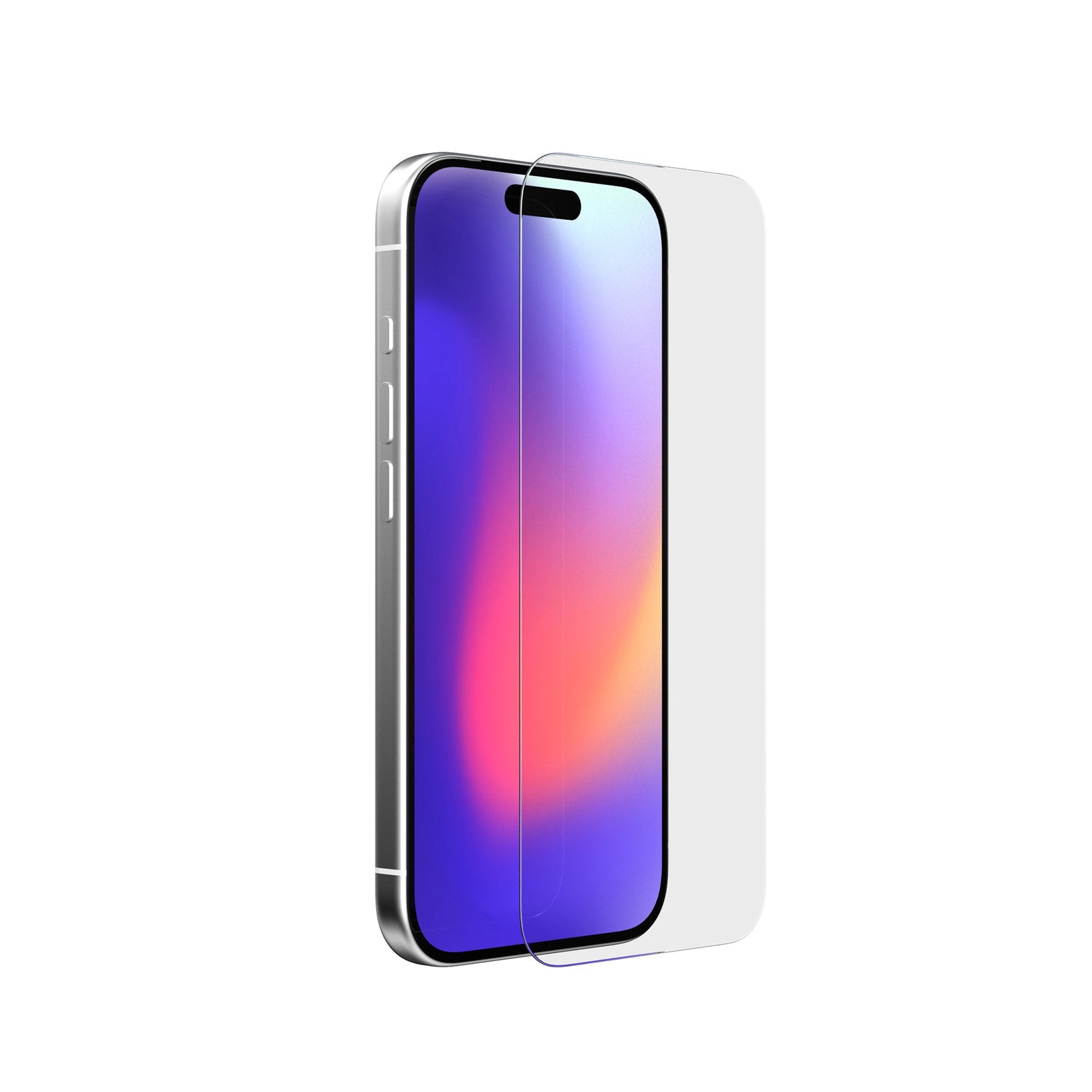 Three-quarter view of device with screen showing and screen protector hovering above screen#color_clear