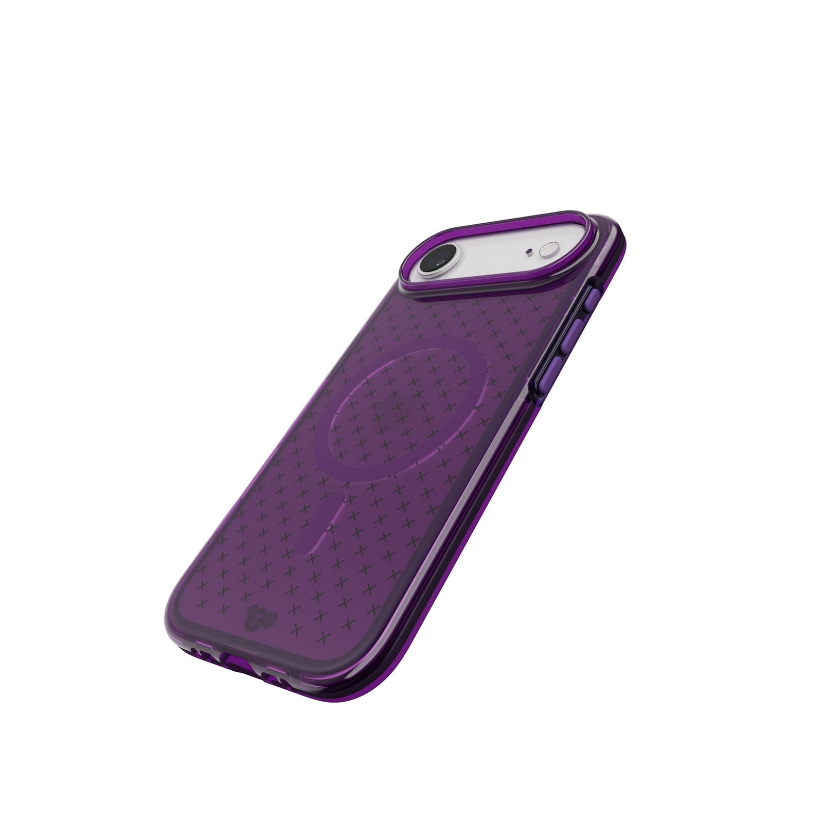 Tilted three-quarter tilted view of back of phone case with phone inside#color_kindred-purple