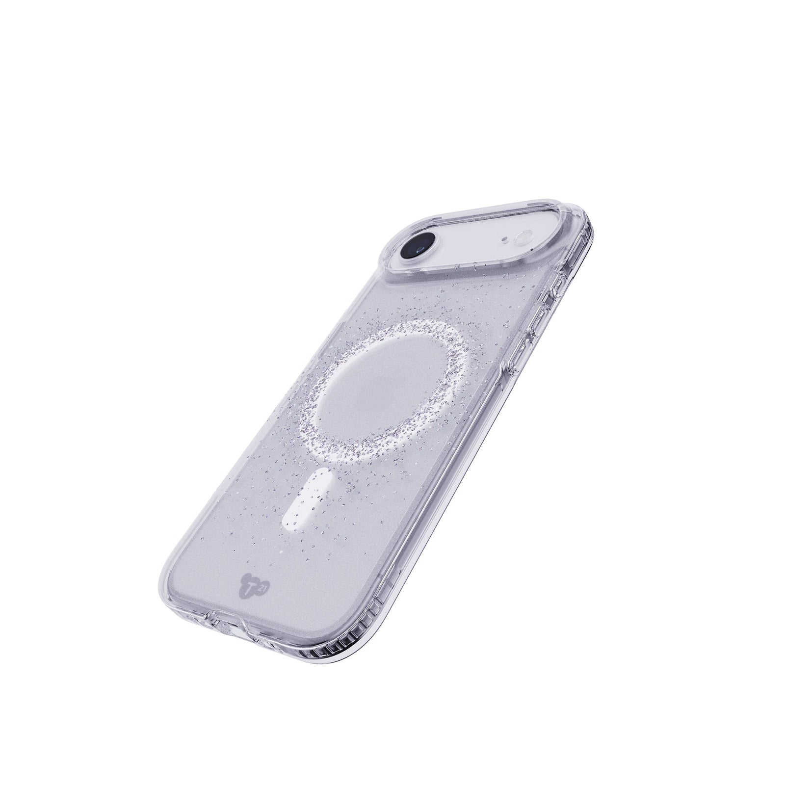 Tilted three-quarter tilted view of back of phone case with phone inside#color_focus