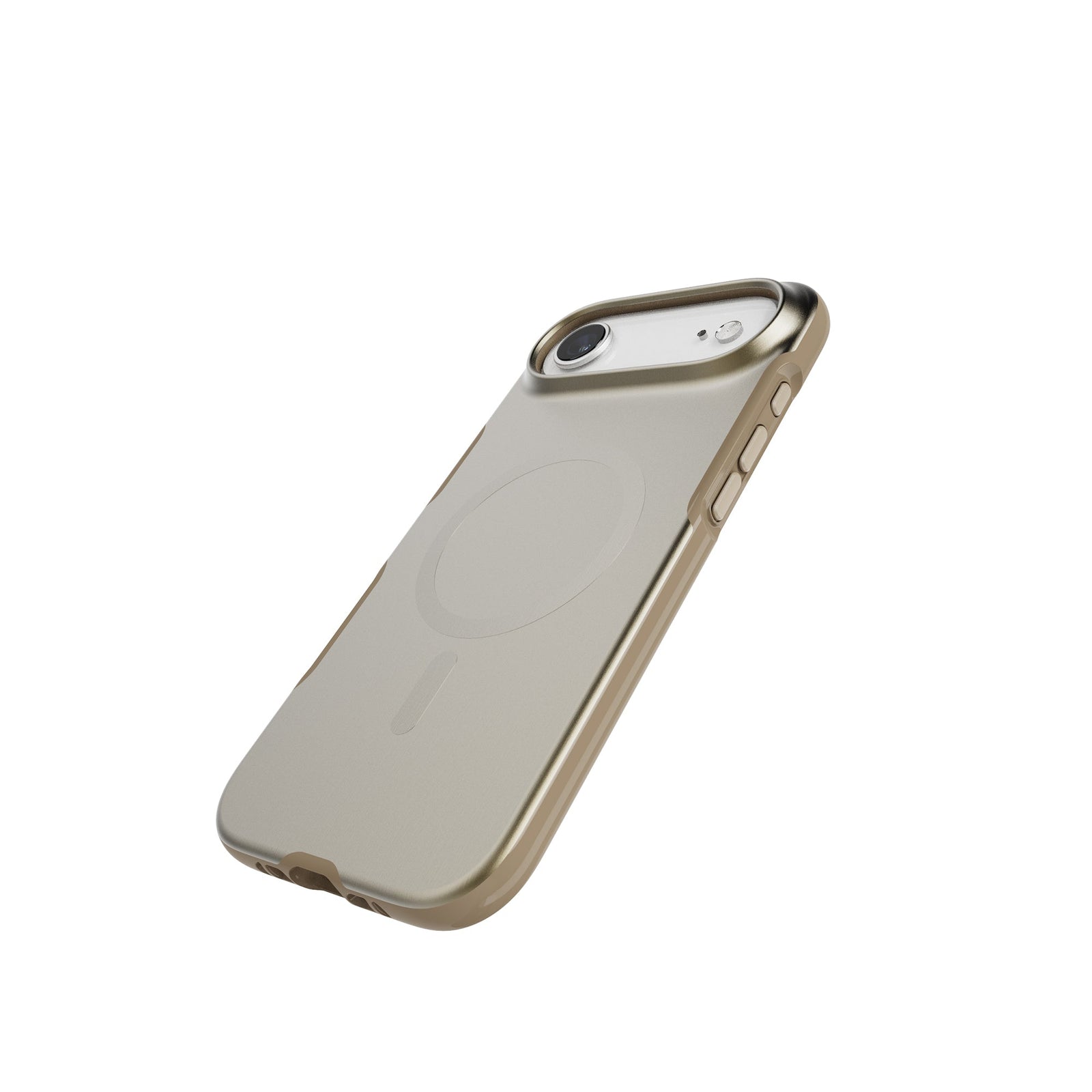 Tilted three-quarter tilted view of back of phone case with phone inside#color_copper