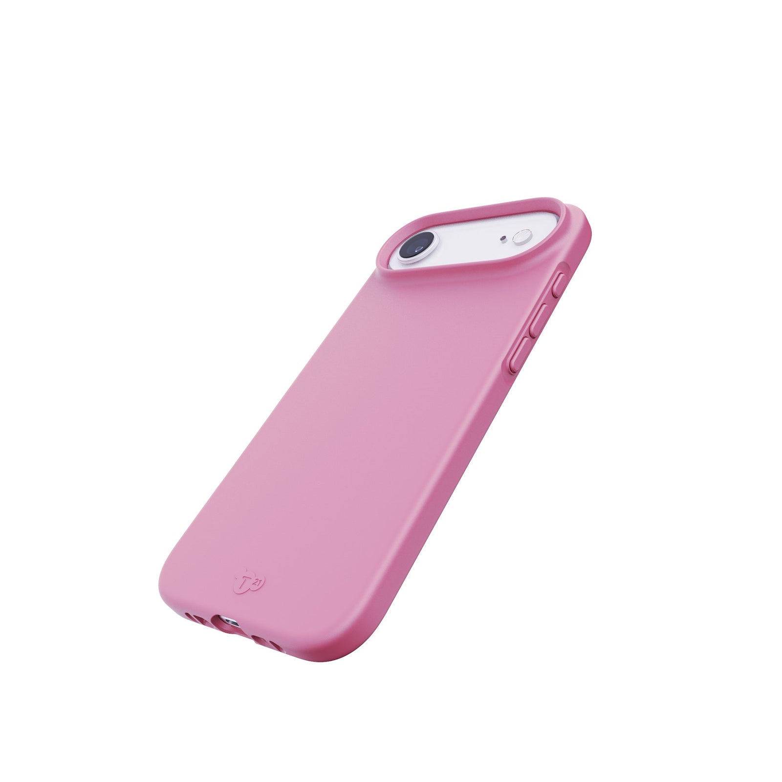Tilted three-quarter tilted view of back of phone case with phone inside#color_thrift-pink