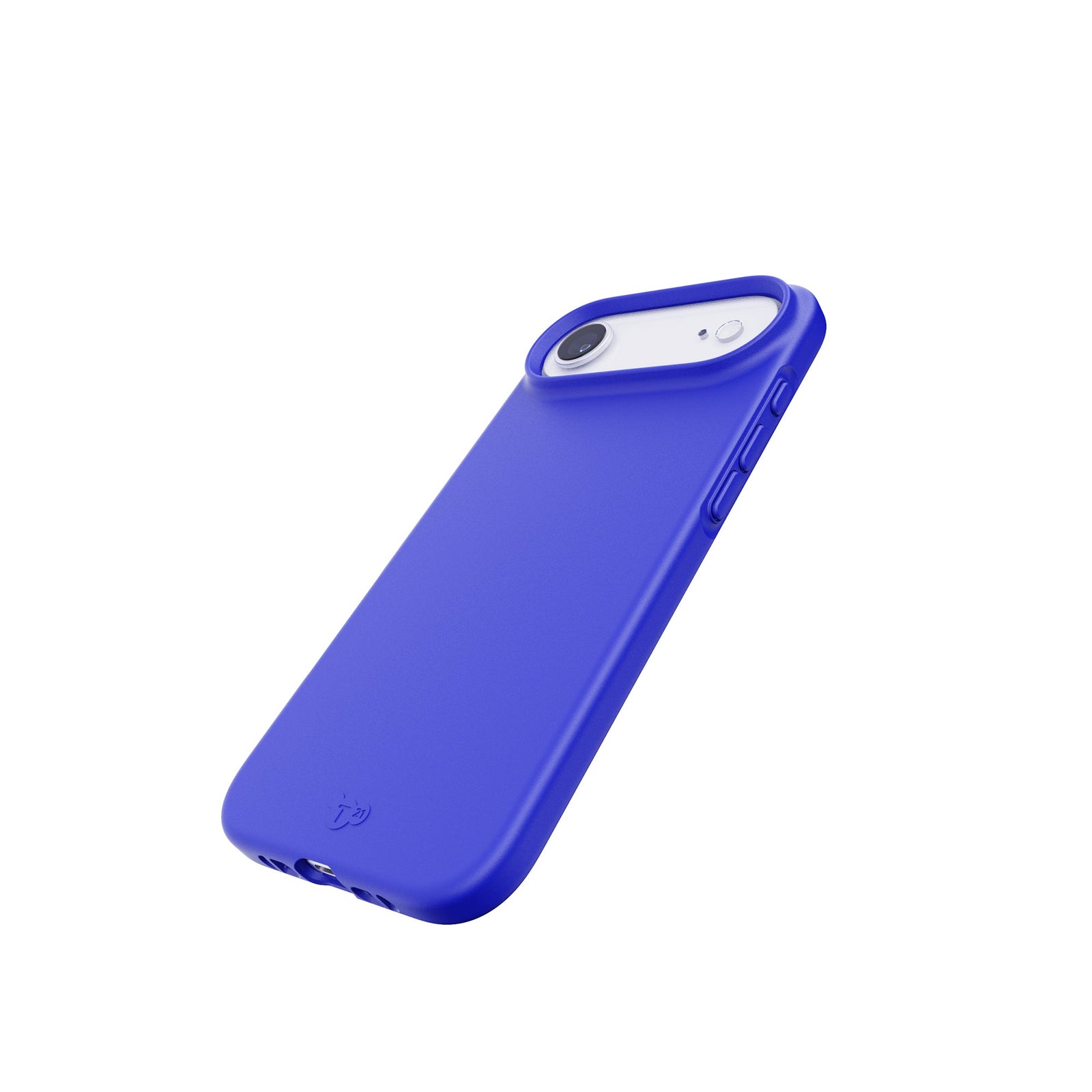 Tilted three-quarter tilted view of back of phone case with phone inside#color_electric-blue