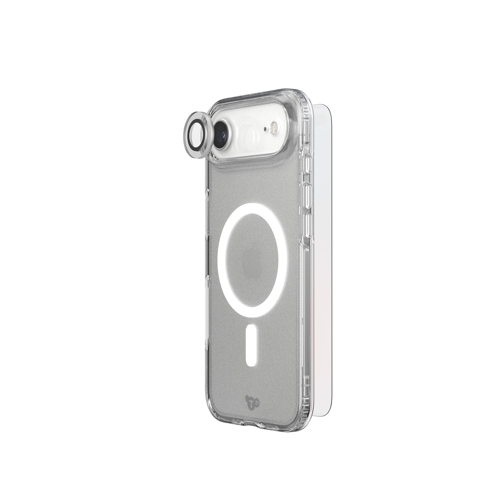 A phone protection bundle is shown from an angle with a camera lens protector hovering over the camera of a phone in a clear case; a screen protector hovers over the screen side of the phone#color_clear