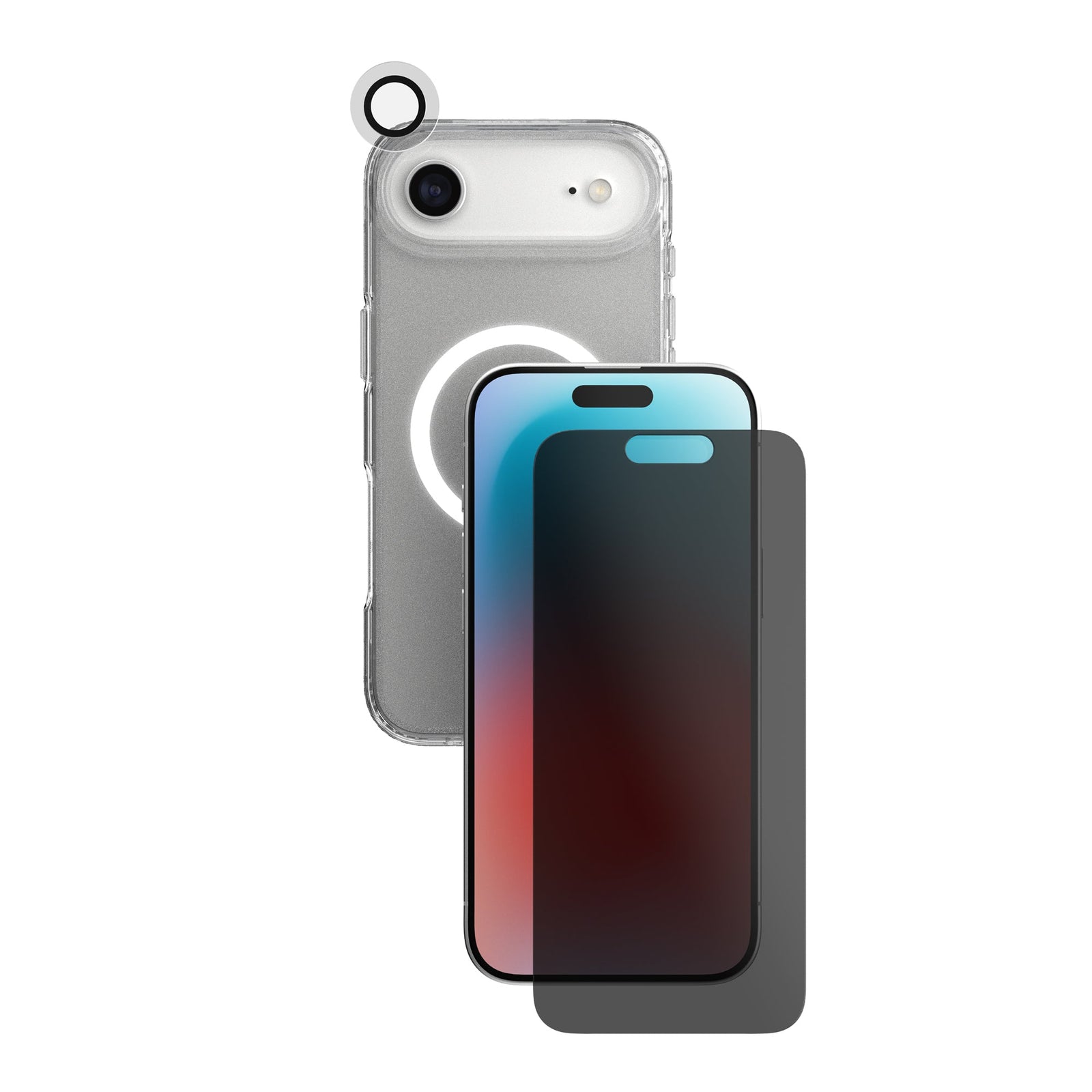 A phone protection bundle is shown from straight on showing the back of a phone in a clear case—a camera lens protector hovering over the phone's camera—and a screen protector hovering over a separate phone with its screen facing forward#color_clear-privacy