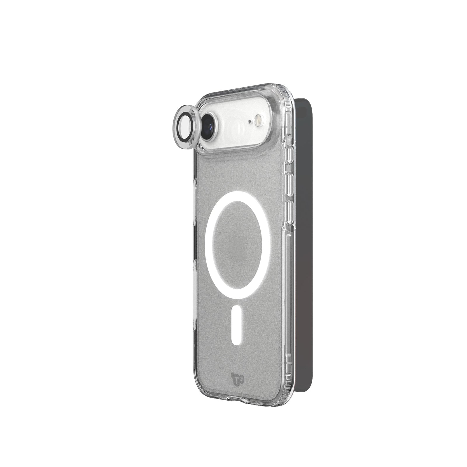A phone protection bundle is shown from an angle with a camera lens protector hovering over the camera of a phone in a clear case; a screen protector hovers over the screen side of the phone#color_clear-privacy