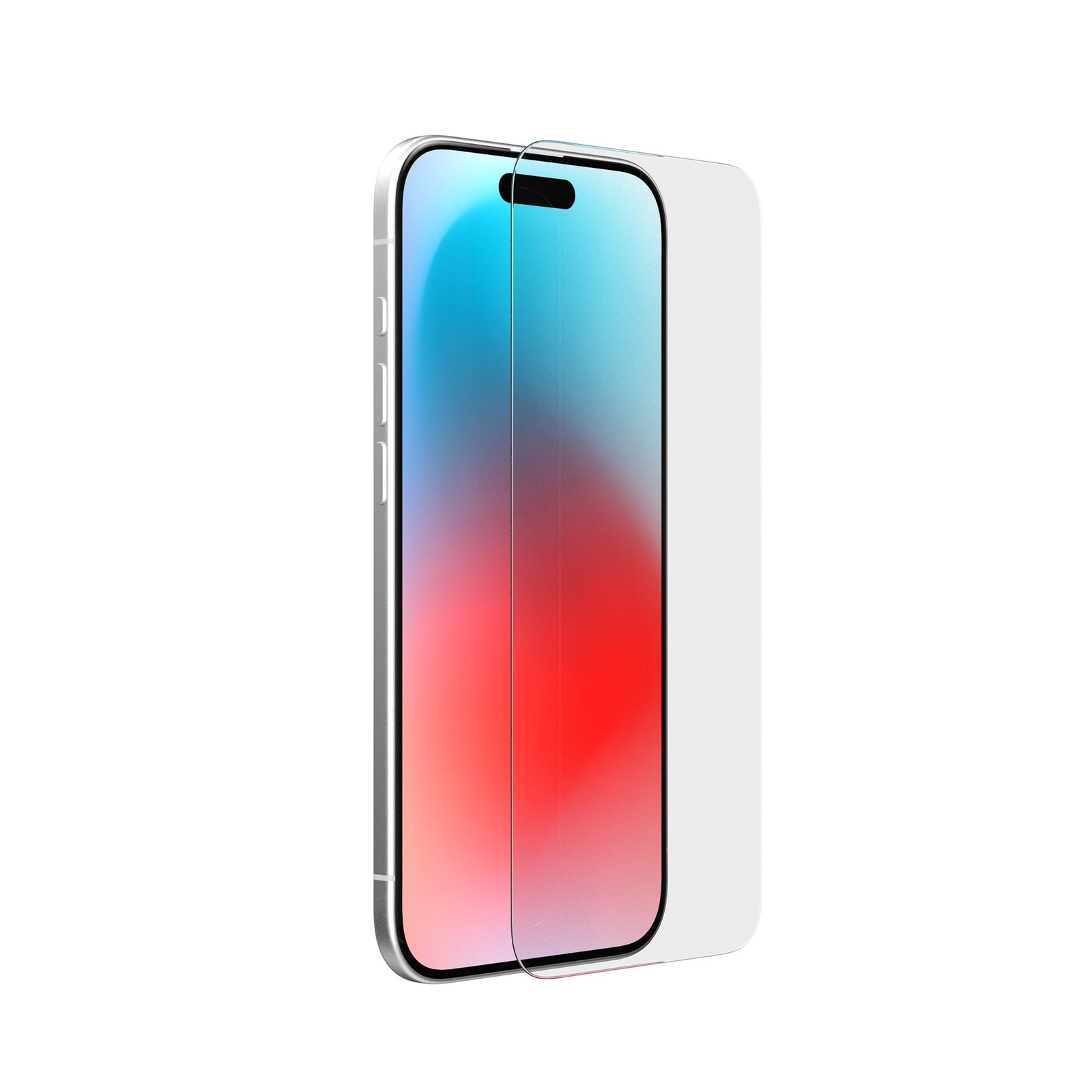Three-quarter view of device with screen showing and screen protector hovering above screen#color_clear
