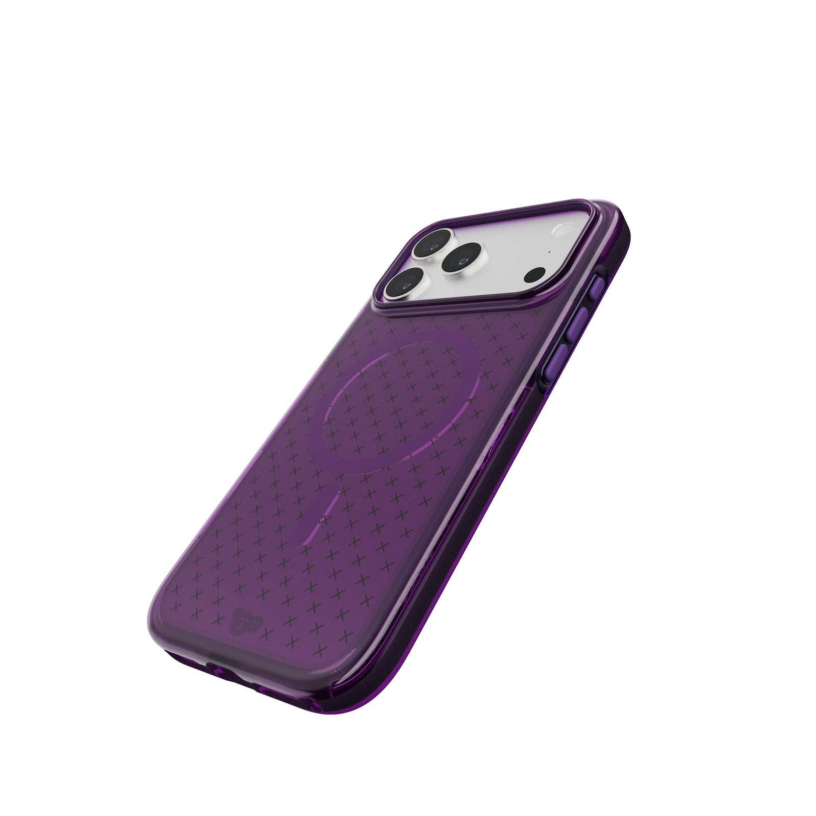 Tilted three-quarter tilted view of back of phone case with phone inside#color_kindred-purple