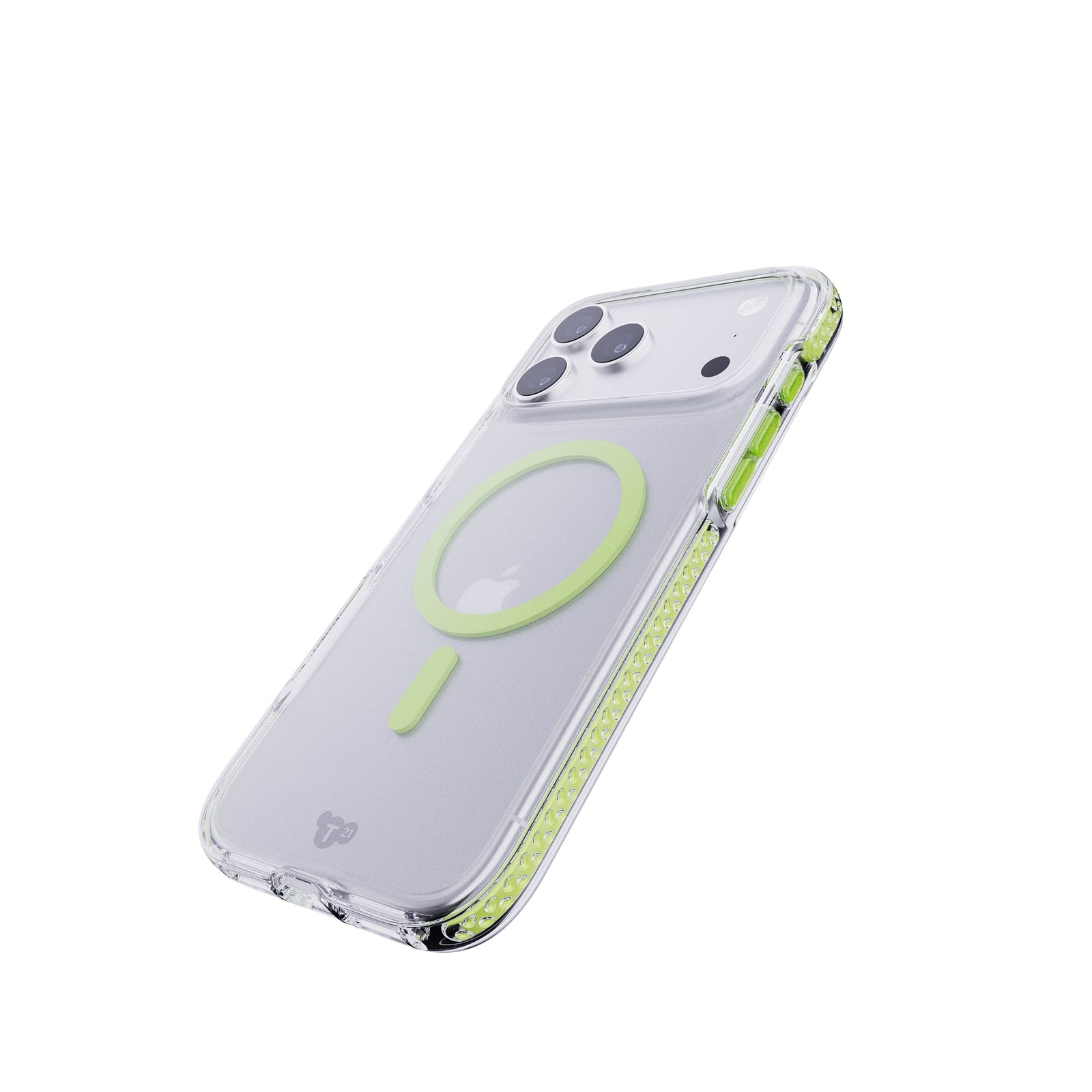 Tilted three-quarter tilted view of back of phone case with phone inside#color_green-glow-in-the-dark