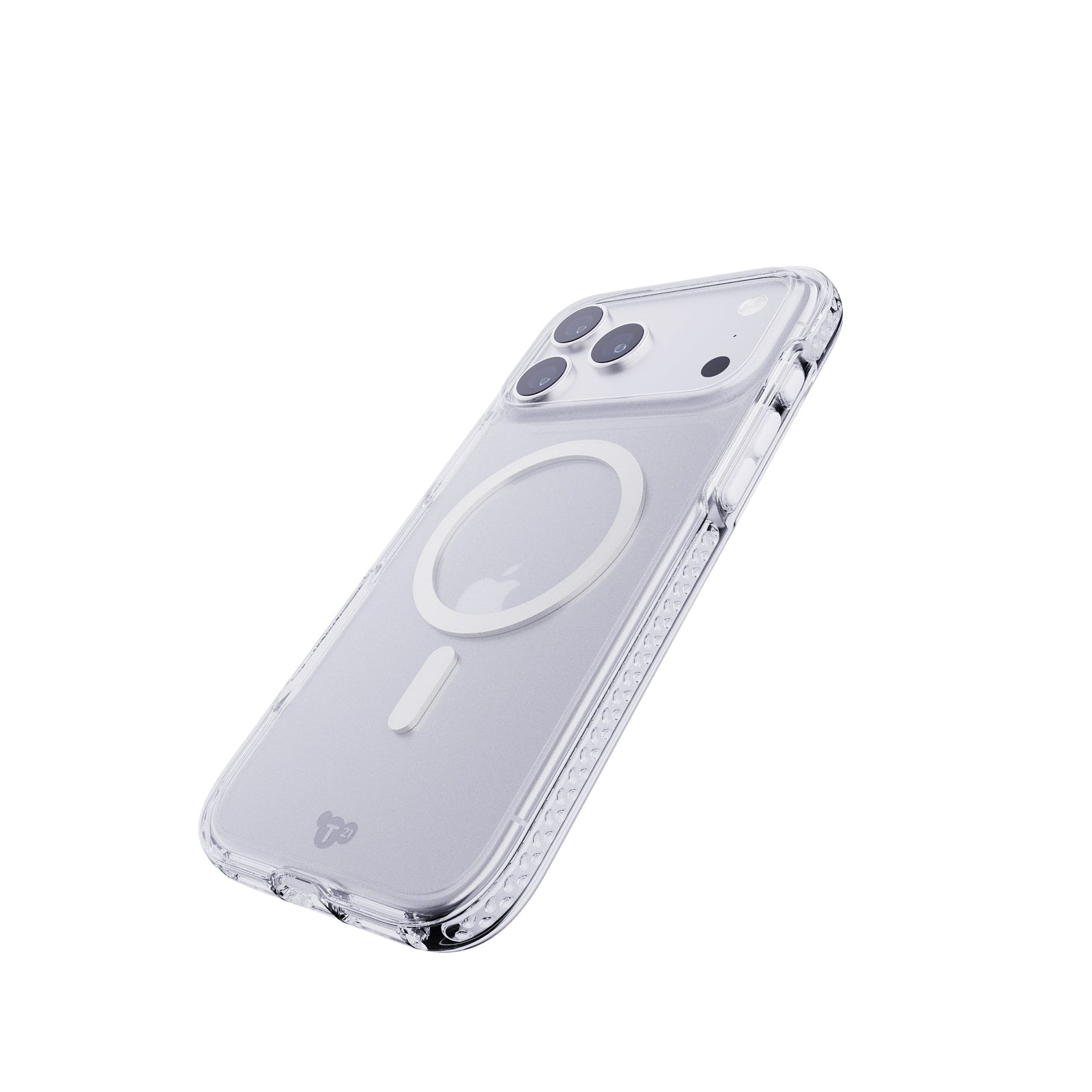 Tilted three-quarter tilted view of back of phone case with phone inside#color_metallic-silver
