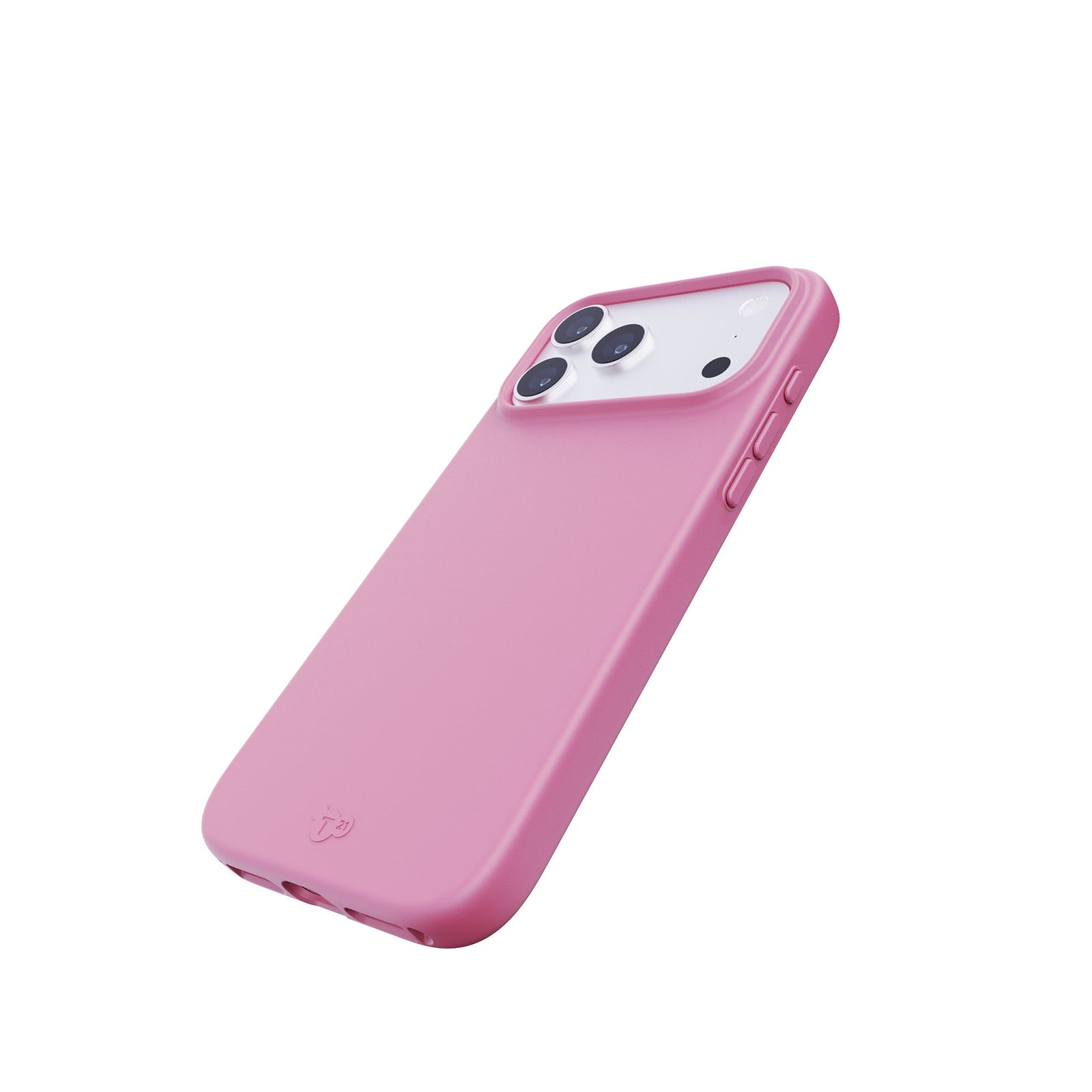 Tilted three-quarter tilted view of back of phone case with phone inside#color_thrift-pink