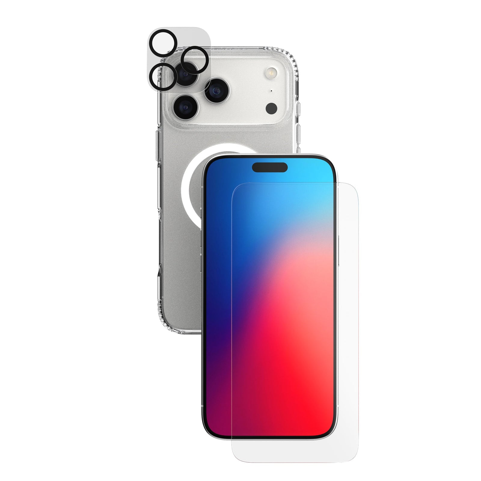 A phone protection bundle is shown from straight on showing the back of a phone in a clear case—a camera lens protector hovering over the phone's camera—and a screen protector hovering over a separate phone with its screen facing forward#color_clear
