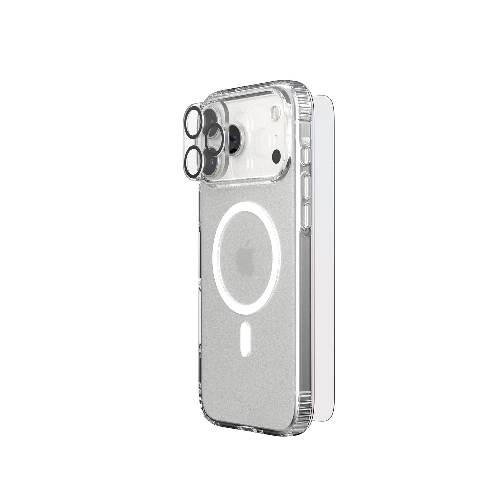 A phone protection bundle is shown from an angle with a camera lens protector hovering over the camera of a phone in a clear case; a screen protector hovers over the screen side of the phone#color_clear