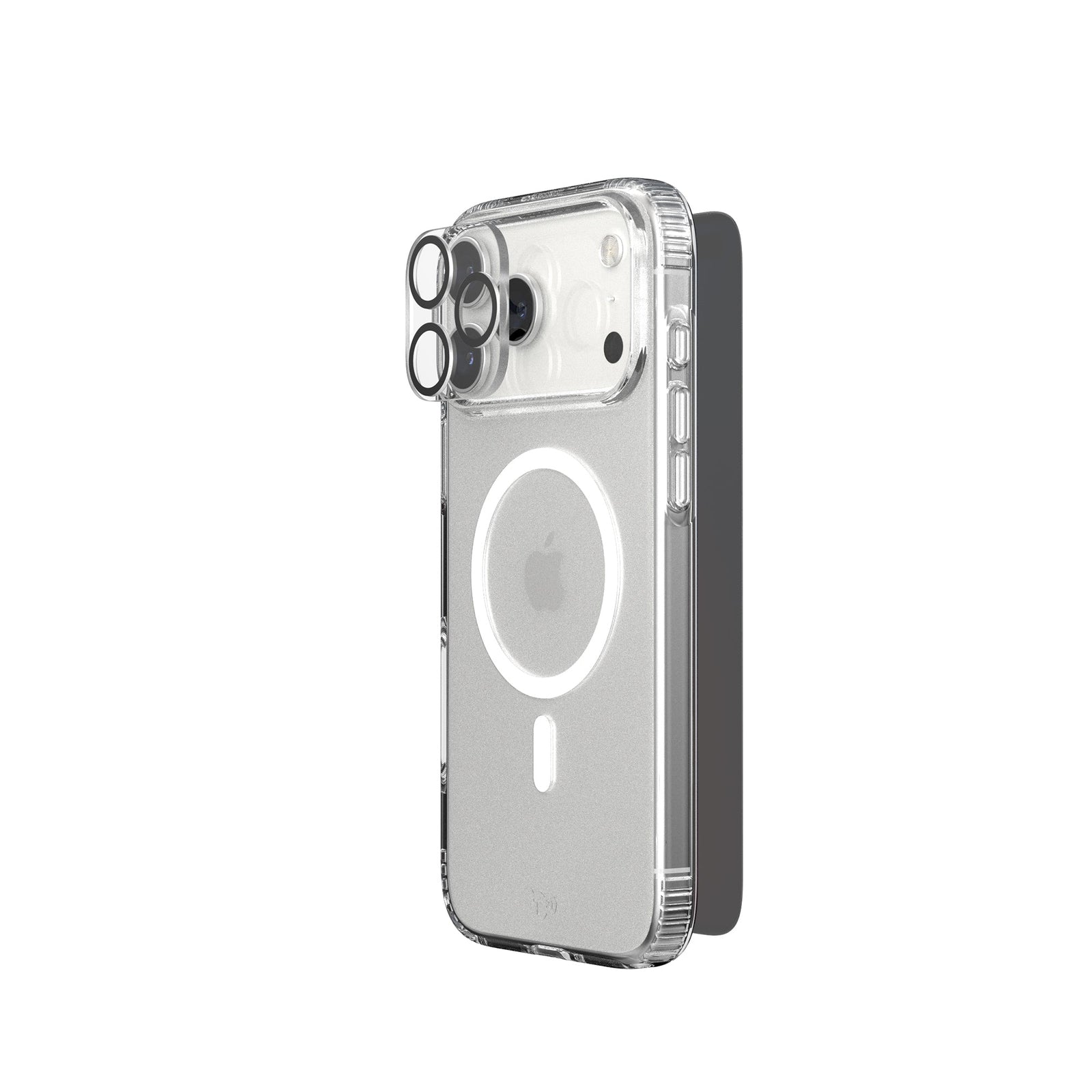 A phone protection bundle is shown from an angle with a camera lens protector hovering over the camera of a phone in a clear case; a screen protector hovers over the screen side of the phone#color_clear-privacy