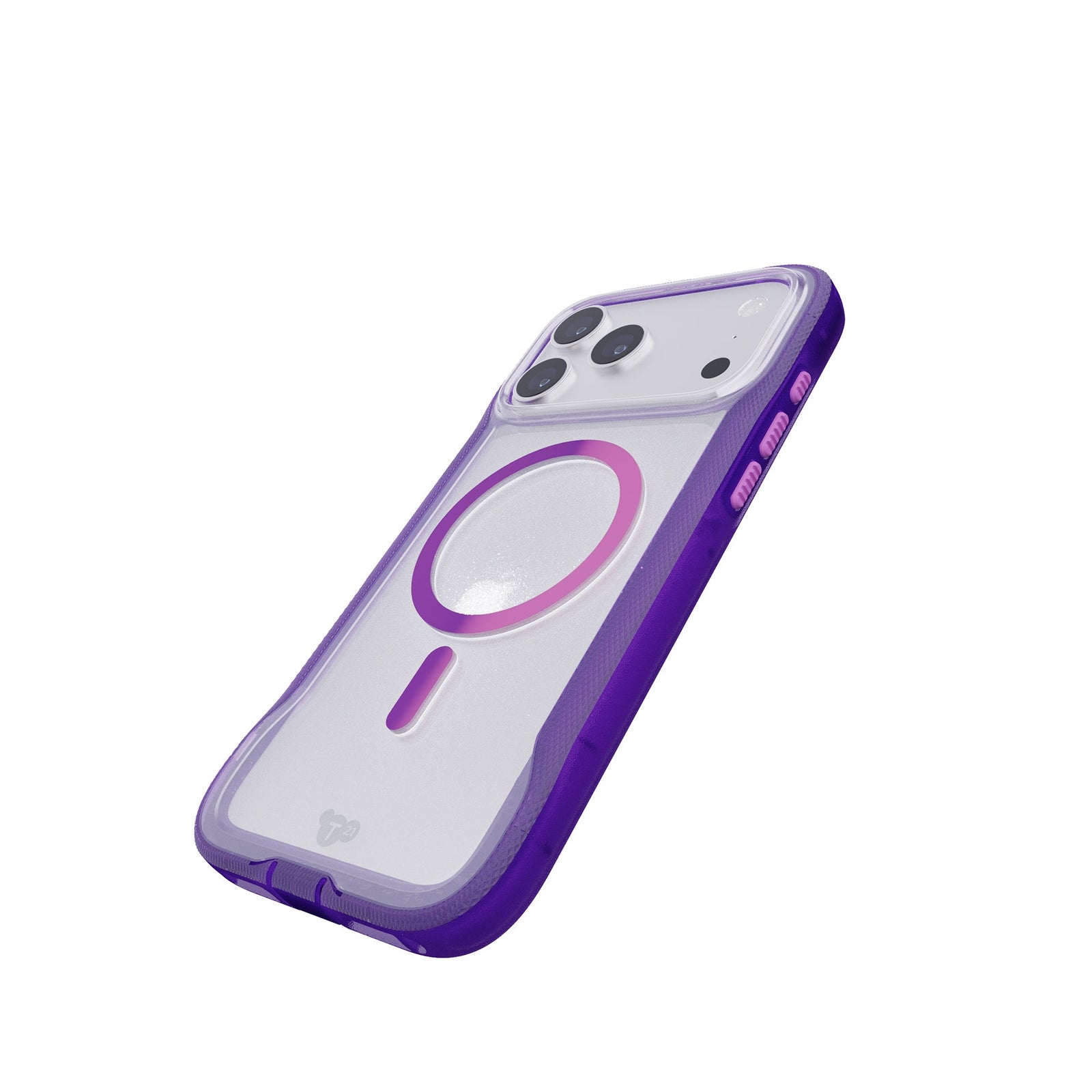 Tilted three-quarter tilted view of back of phone case with phone inside#color_kindred-purple-cyber-pink