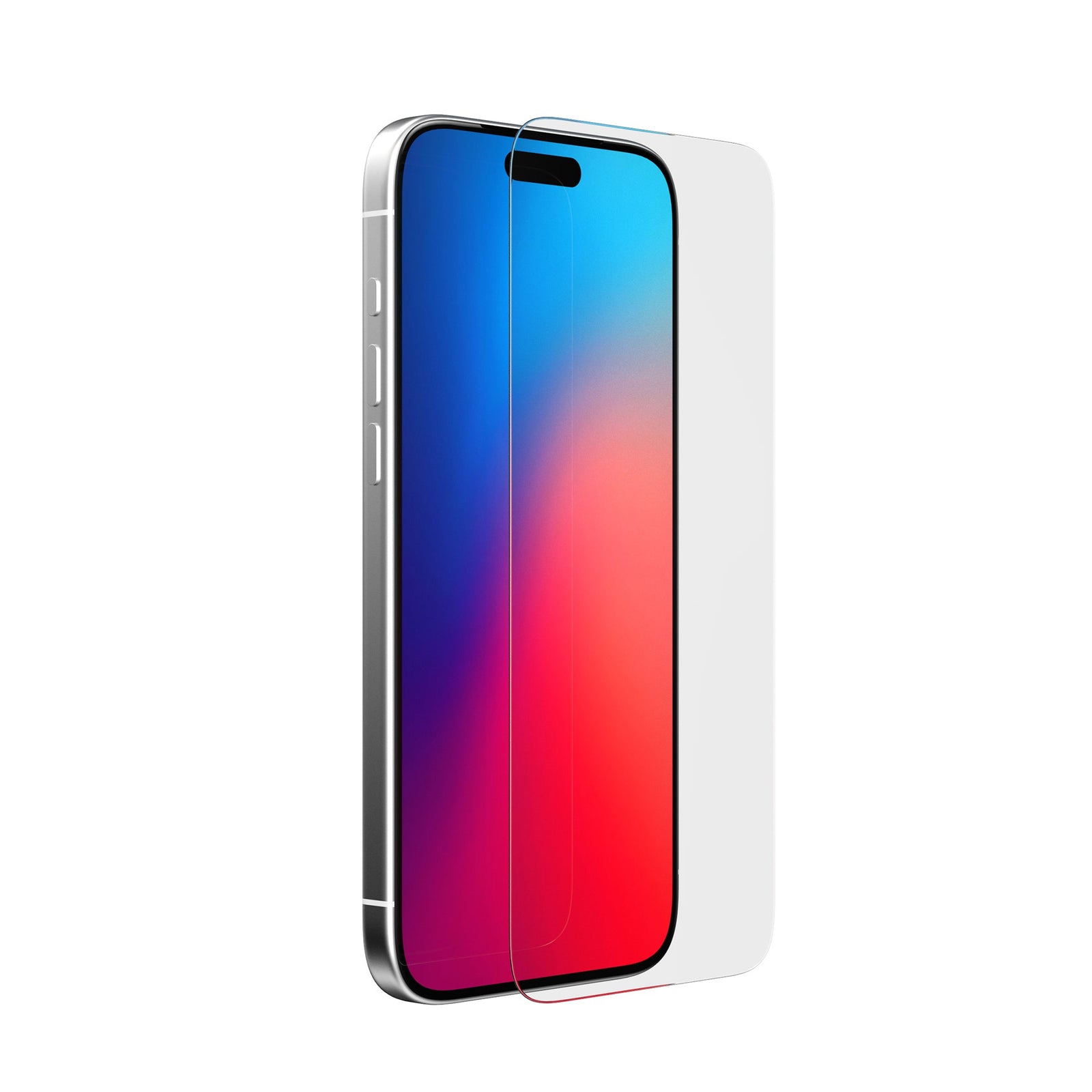 Three-quarter view of device with screen showing and screen protector hovering above screen#color_clear