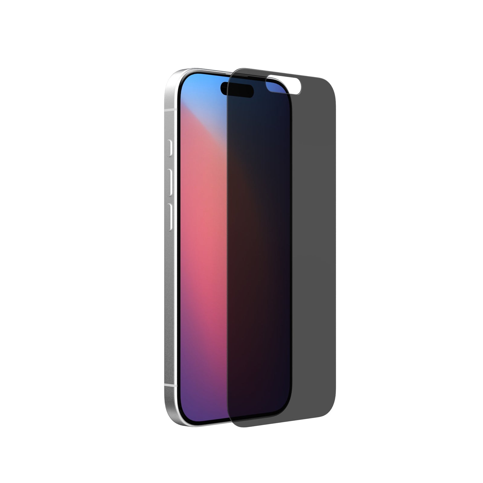 Three-quarter view of device with screen showing and screen protector hovering above screen#color_privacy