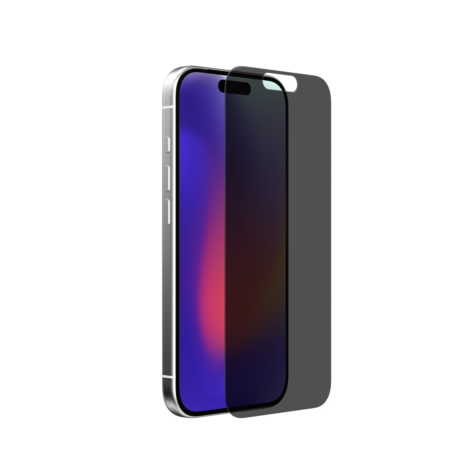 Three-quarter view of device with screen showing and screen protector hovering above screen#color_privacy