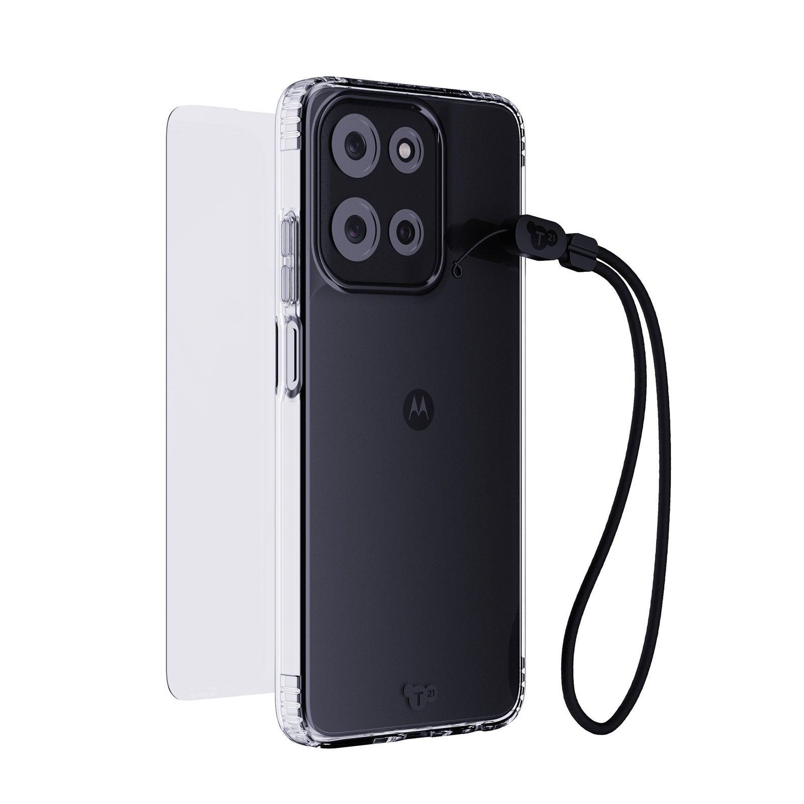 Three-quarter view of front of phone case with phone inside, screen protector hovering above screen, and black wrist lanyard hovering behind case#color_clear